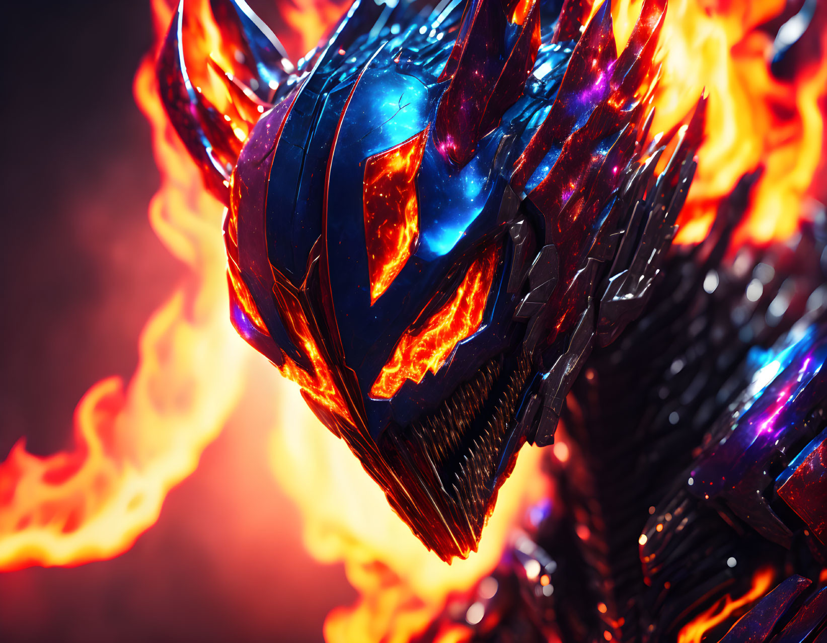 Metallic Blue and Orange Creature with Armor-like Designs in Flames