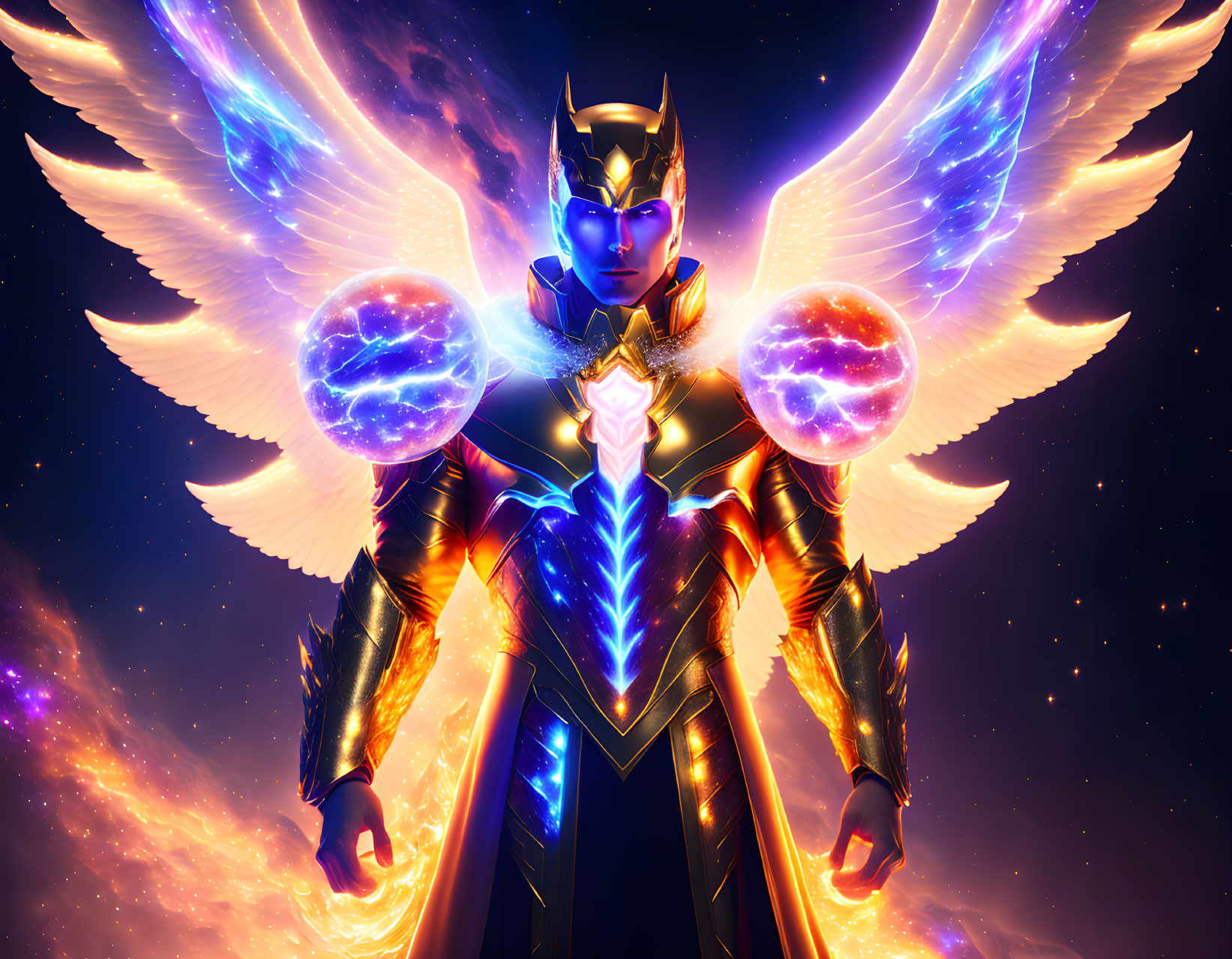 Fantastical armored character with glowing wings and celestial orbs in a cosmic scene