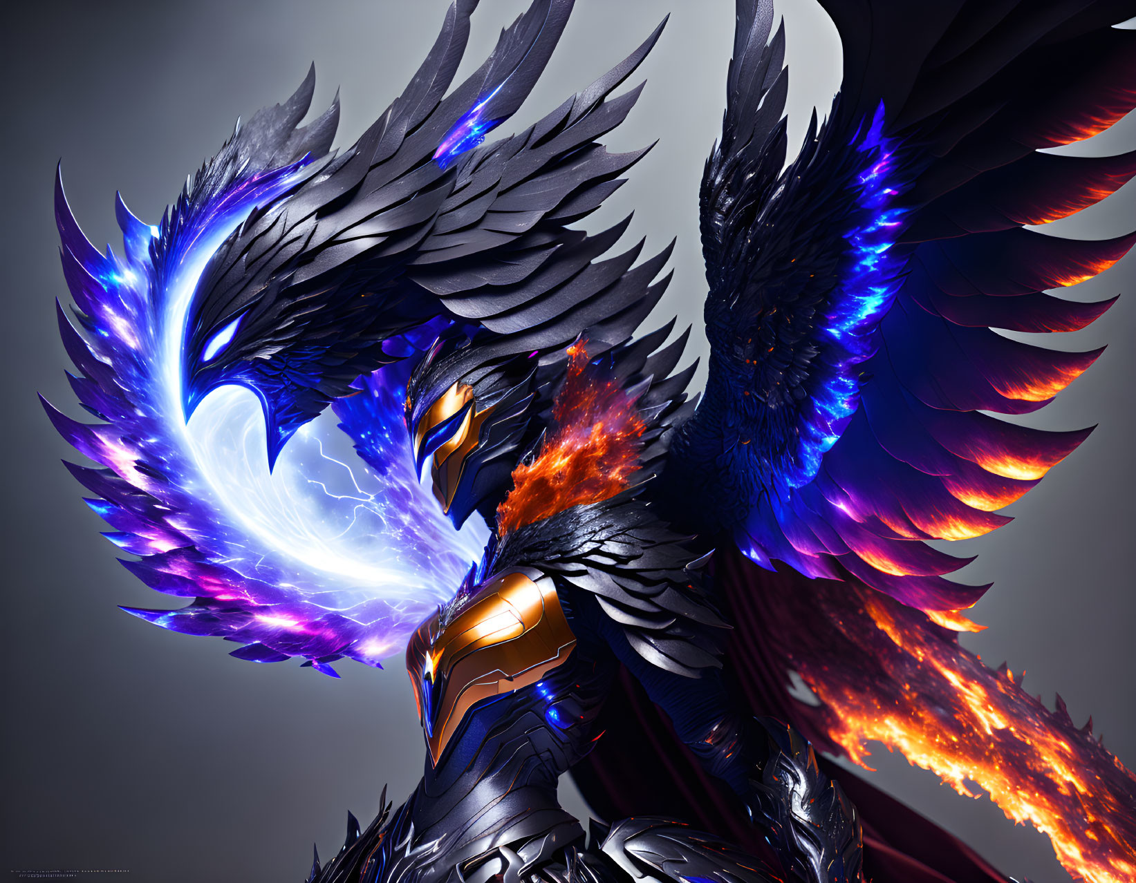 Person in stylized armor with red and blue angelic wings in digital art.