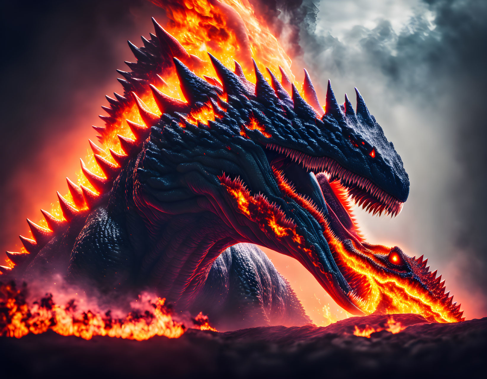 Glowing red-spined dragon breathes fire in dark sky