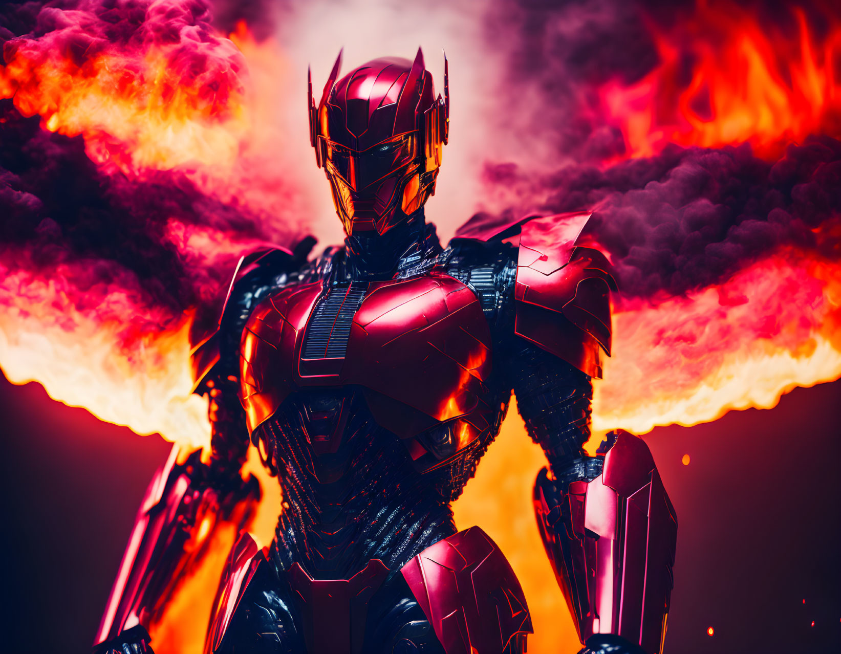 Futuristic armored character in fiery clouds with red and orange glow