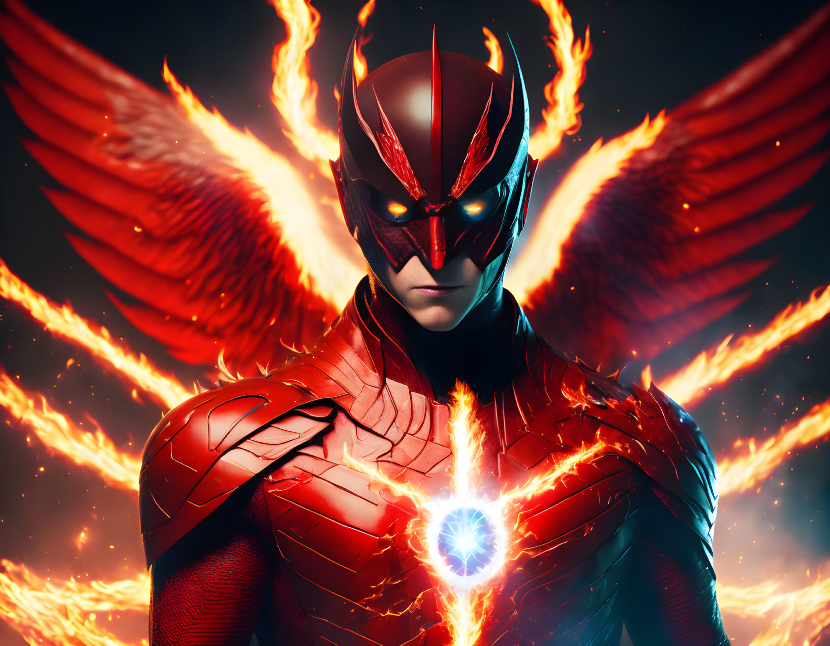 Red Armored Figure with Glowing Chest and Fiery Wings