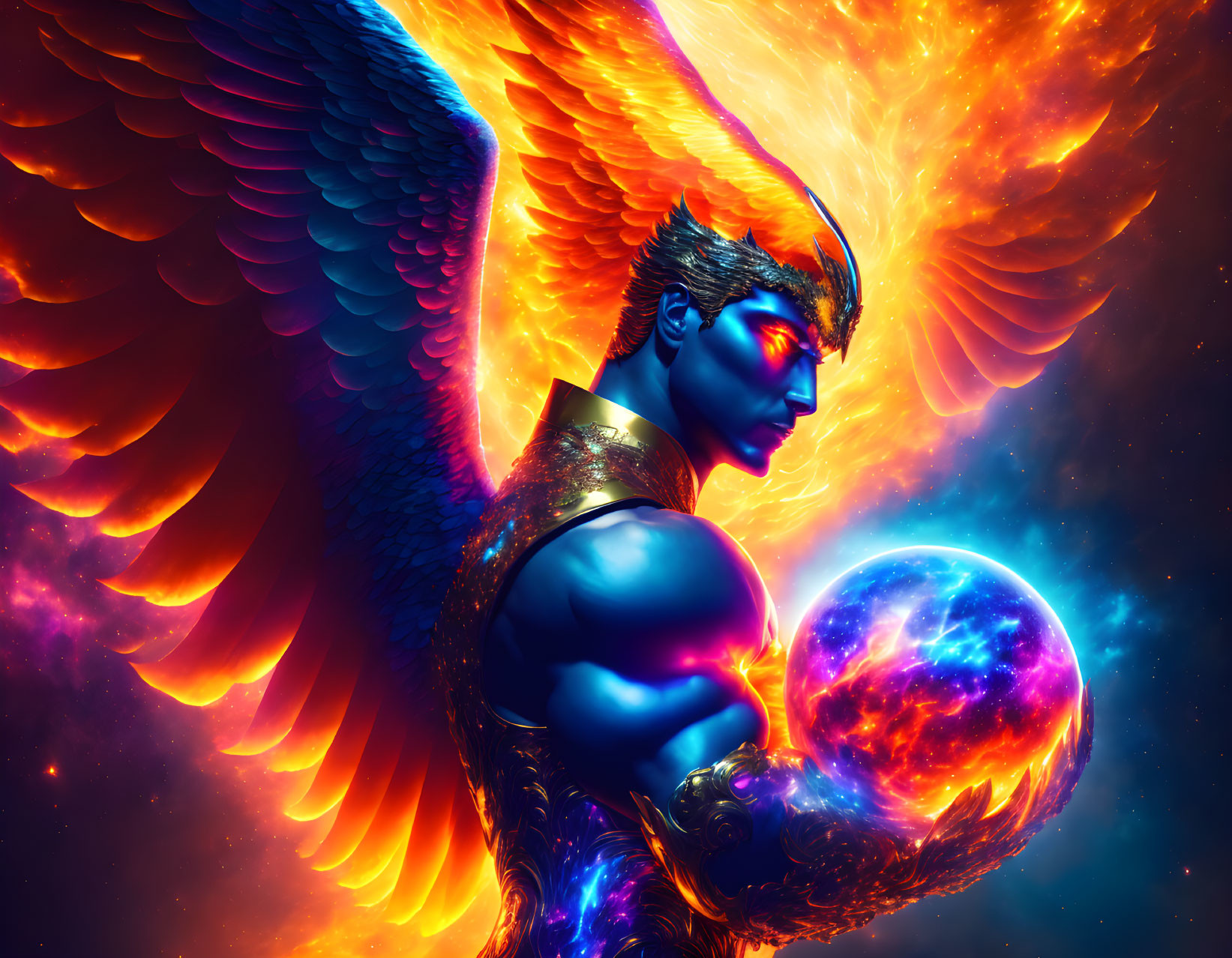 Mythological figure with blue skin and fiery wings holding celestial orb