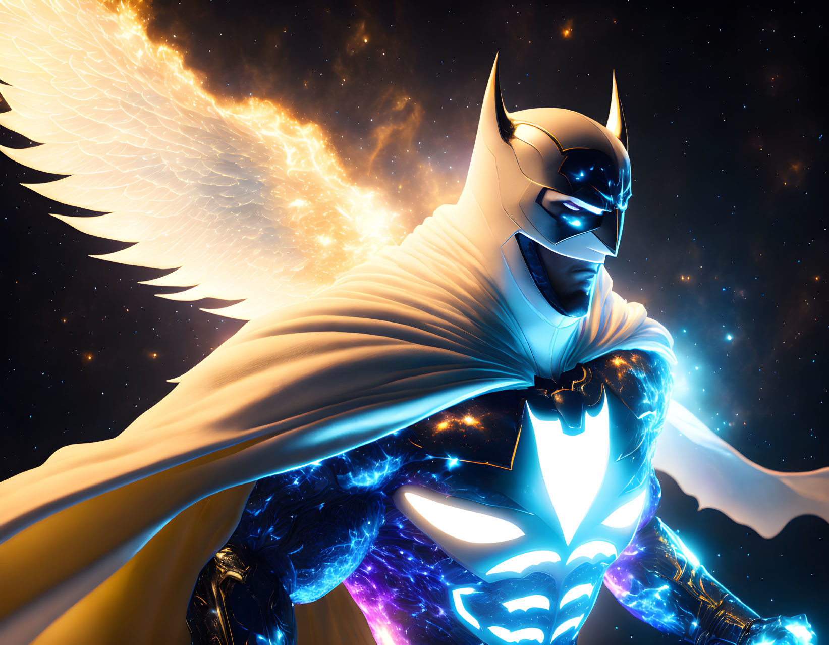 Heroic figure with bat-like features in luminous wings against cosmic backdrop