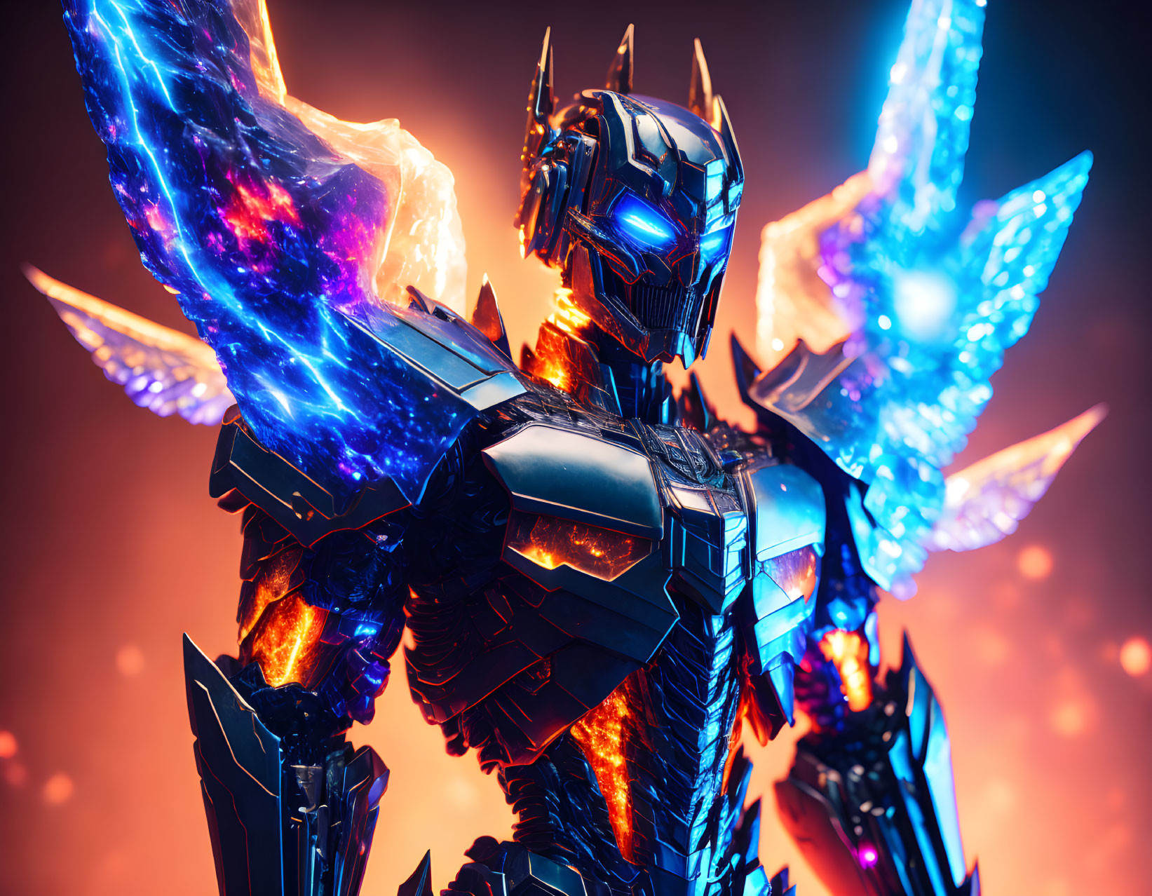 Futuristic robot with glowing blue energy wings and armor in fiery backdrop