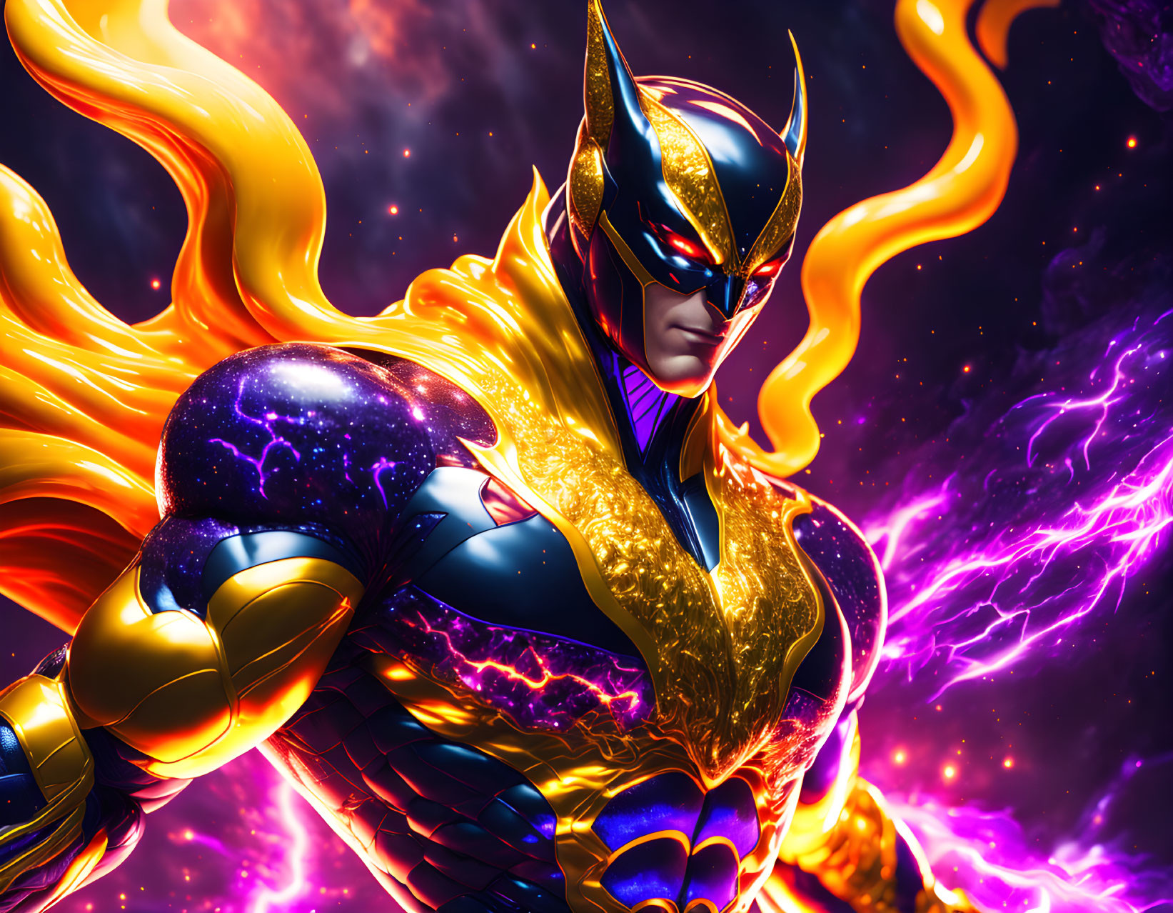 Golden-helmeted superhero in cosmic suit with flaming wings against vibrant space backdrop