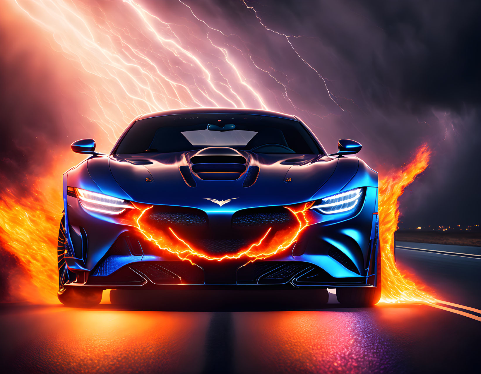 Vibrant image of blue sports car with fiery and electric effects