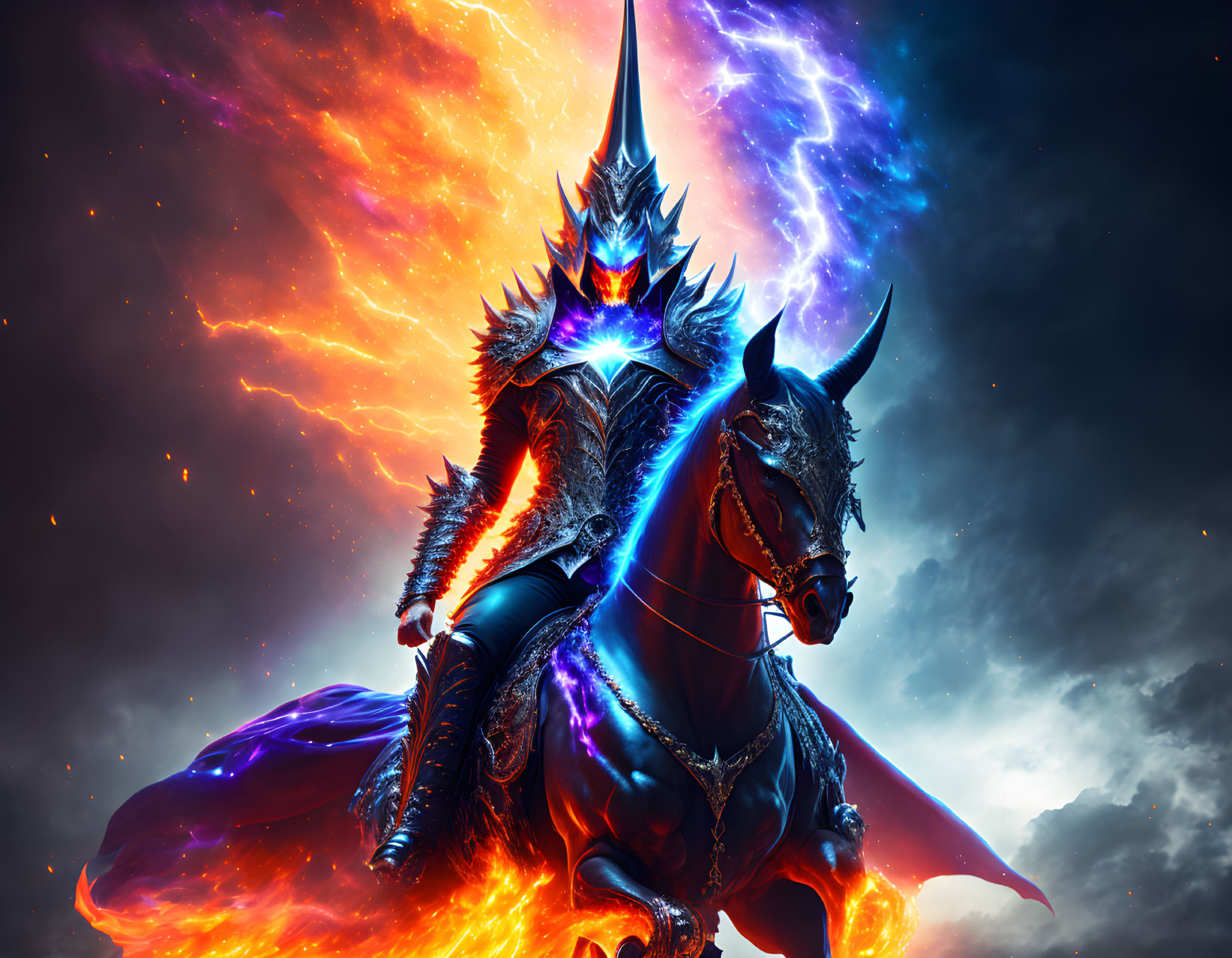 Armored knight on horse in vibrant cosmic scene with fiery blue energy