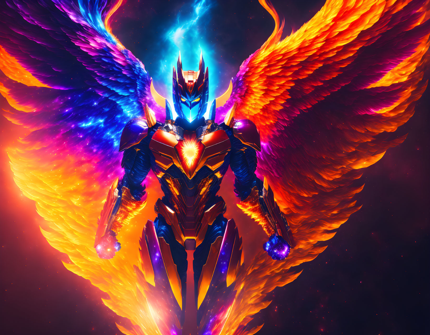 Robotic figure with glowing wings in fiery cosmic setting