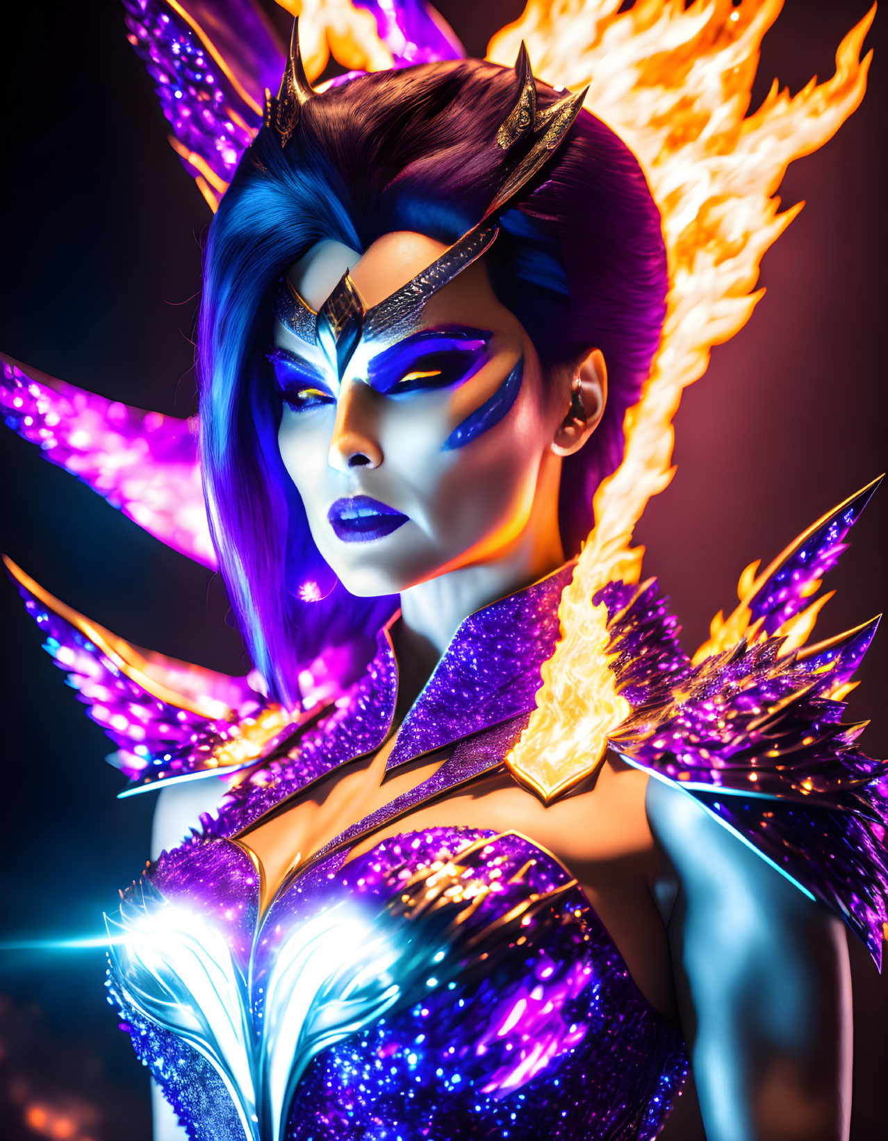 Fantasy digital artwork: Female character with blue hair, golden crown, fiery wings, purple armor