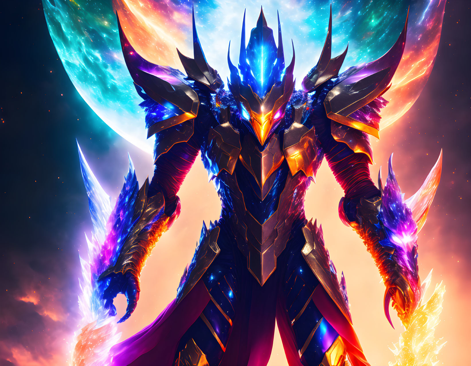 Colorful armored character with blue and orange accents in cosmic setting