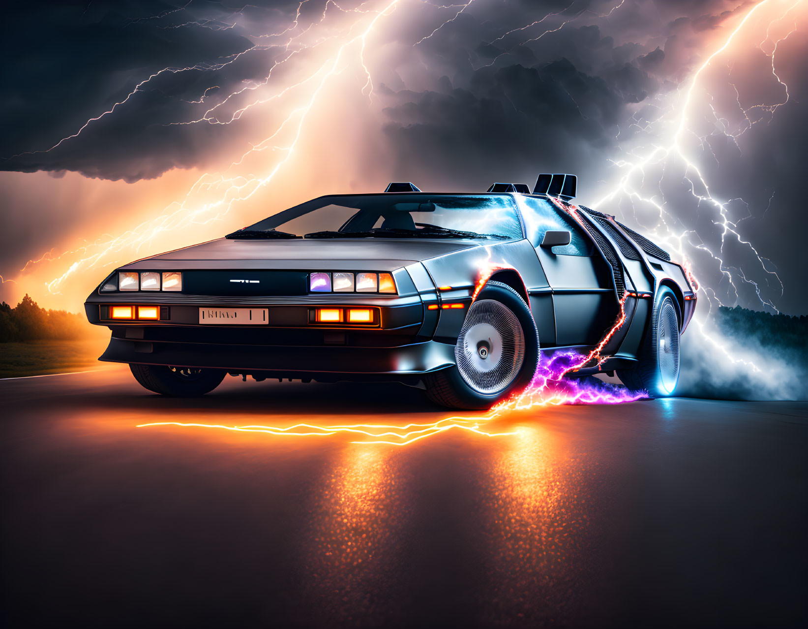 Futuristic DeLorean Car with Lightning Effects in Stormy Sky