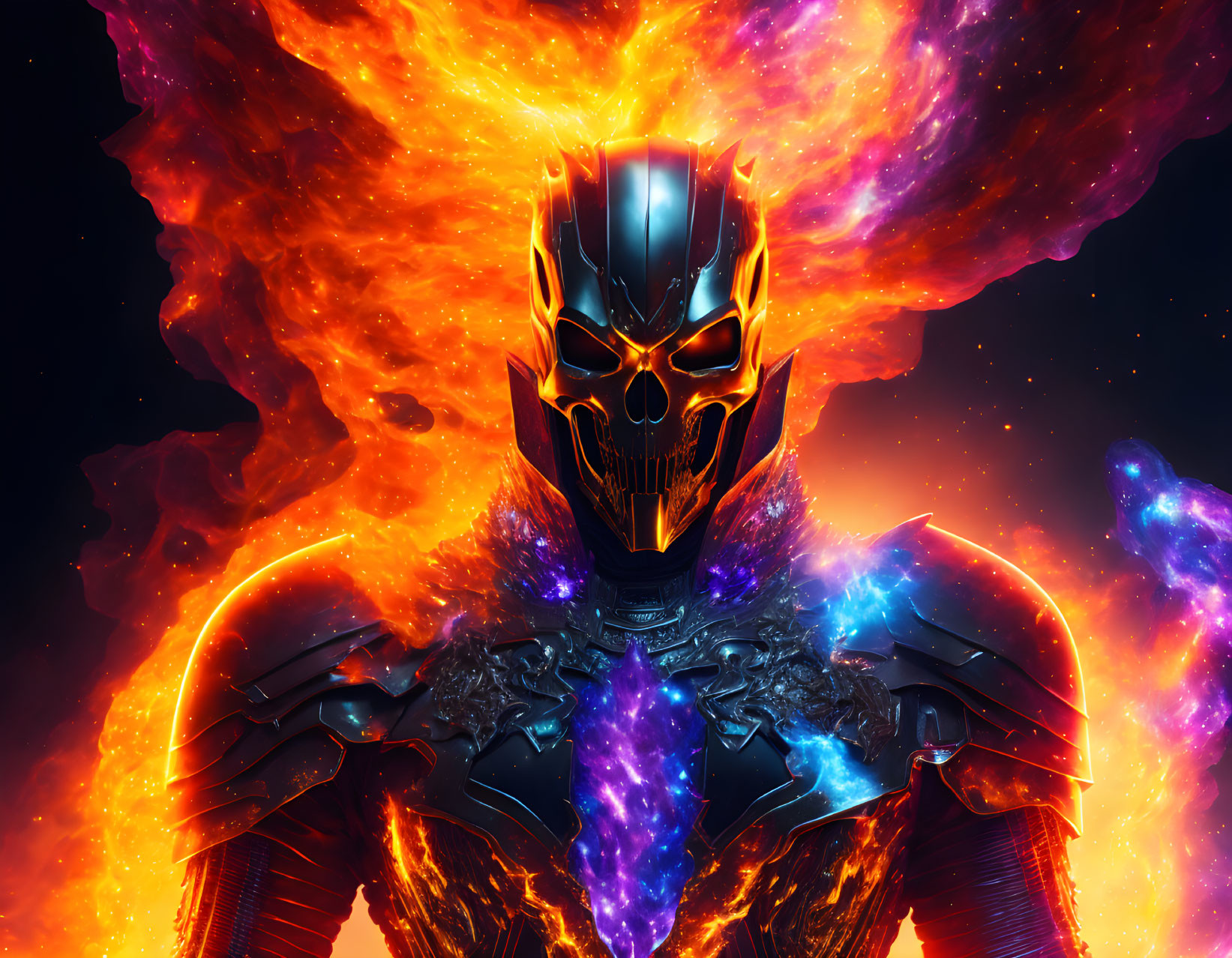 Menacing figure in black armor with skull-like helmet against cosmic clouds