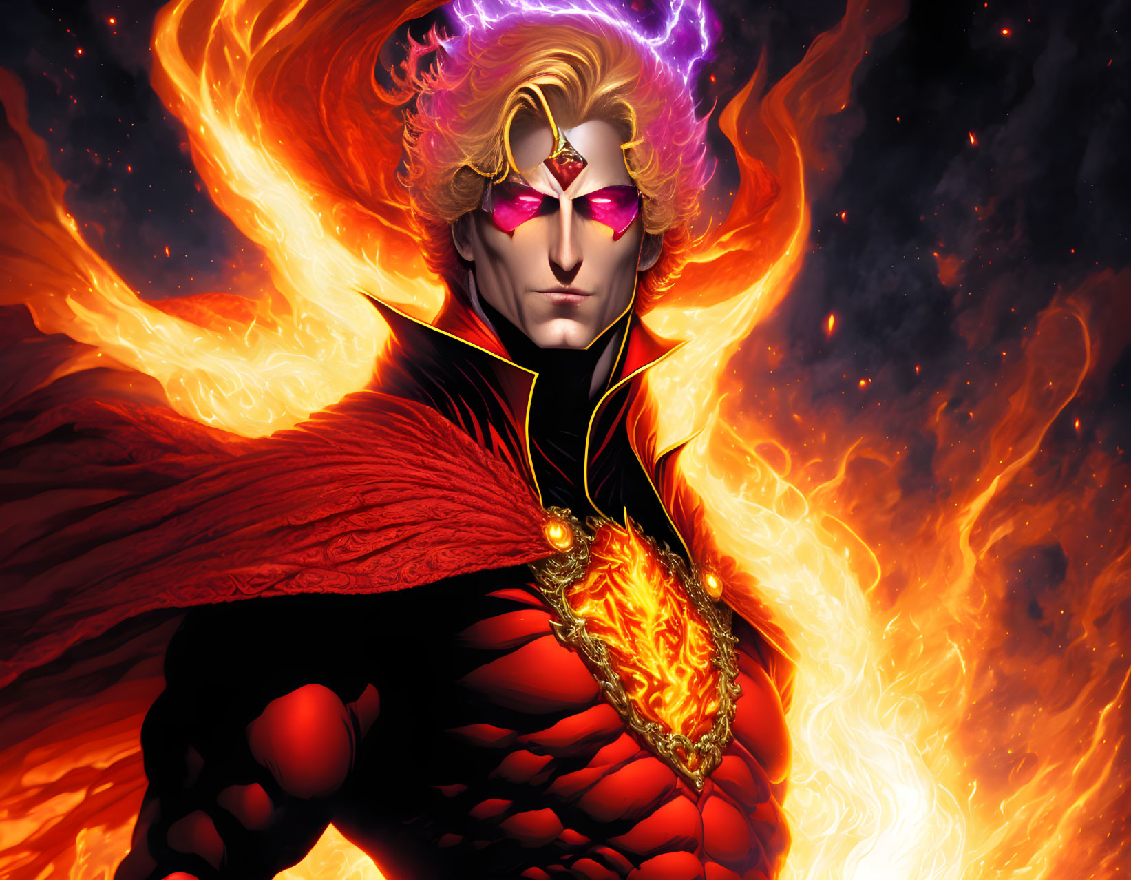 Golden-haired animated character in crimson outfit with cosmic flame background and fiery emblem.