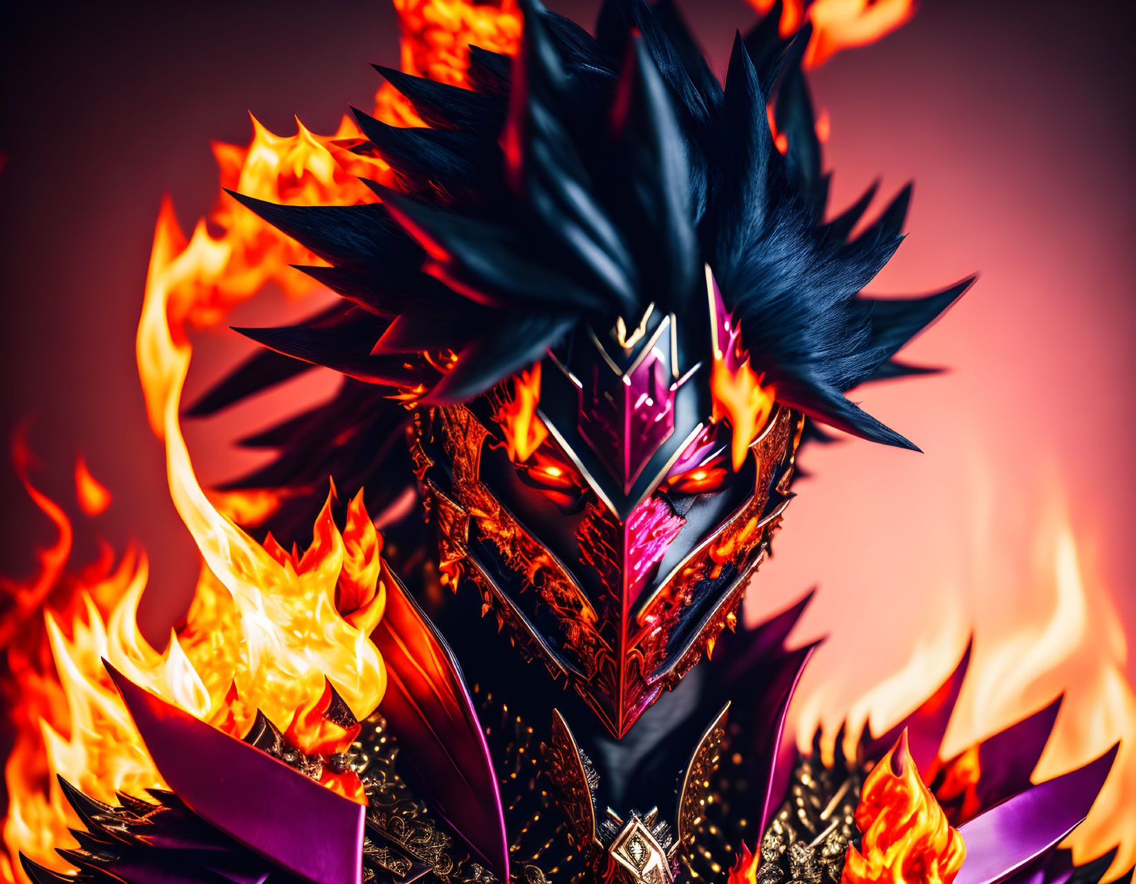 Character with fiery mask and dark feather plumage on red background