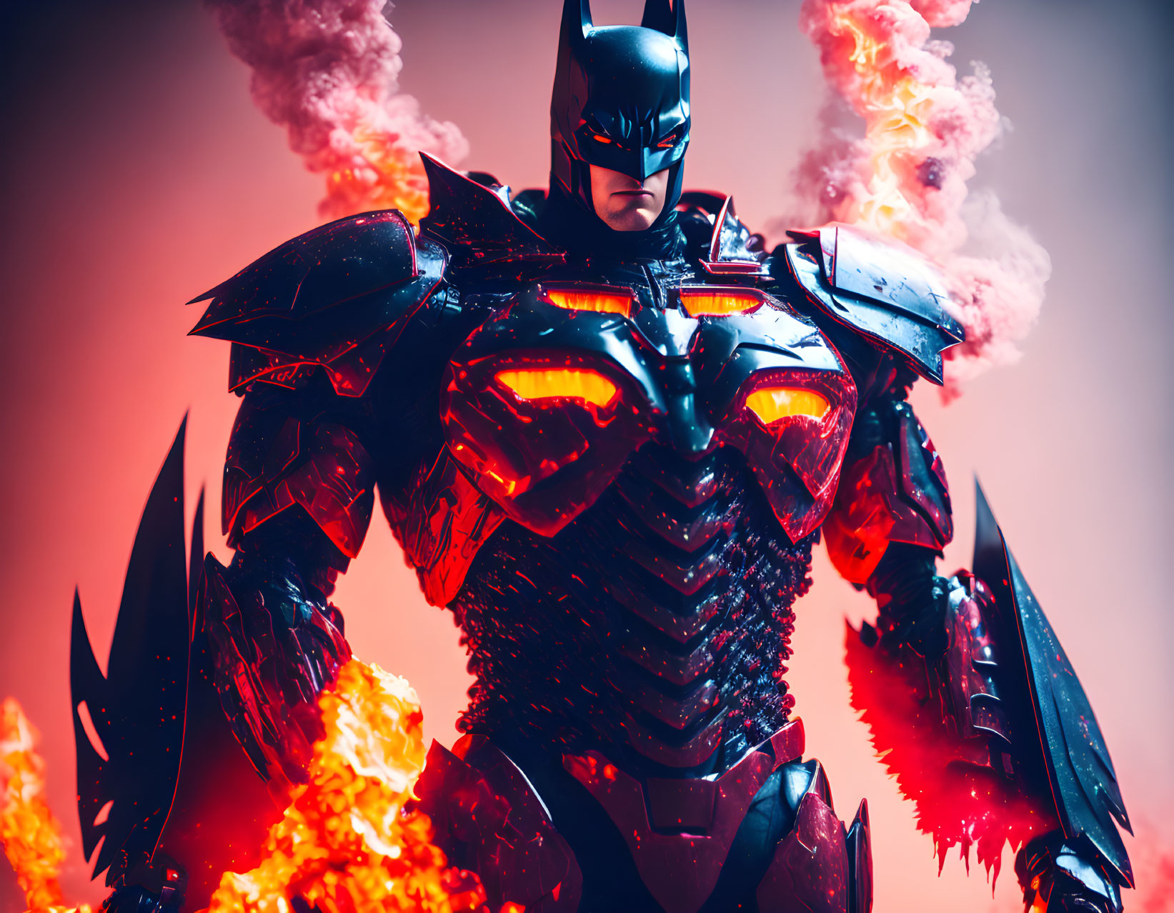 Armored Batman-like figure with glowing orange light in smoky backdrop