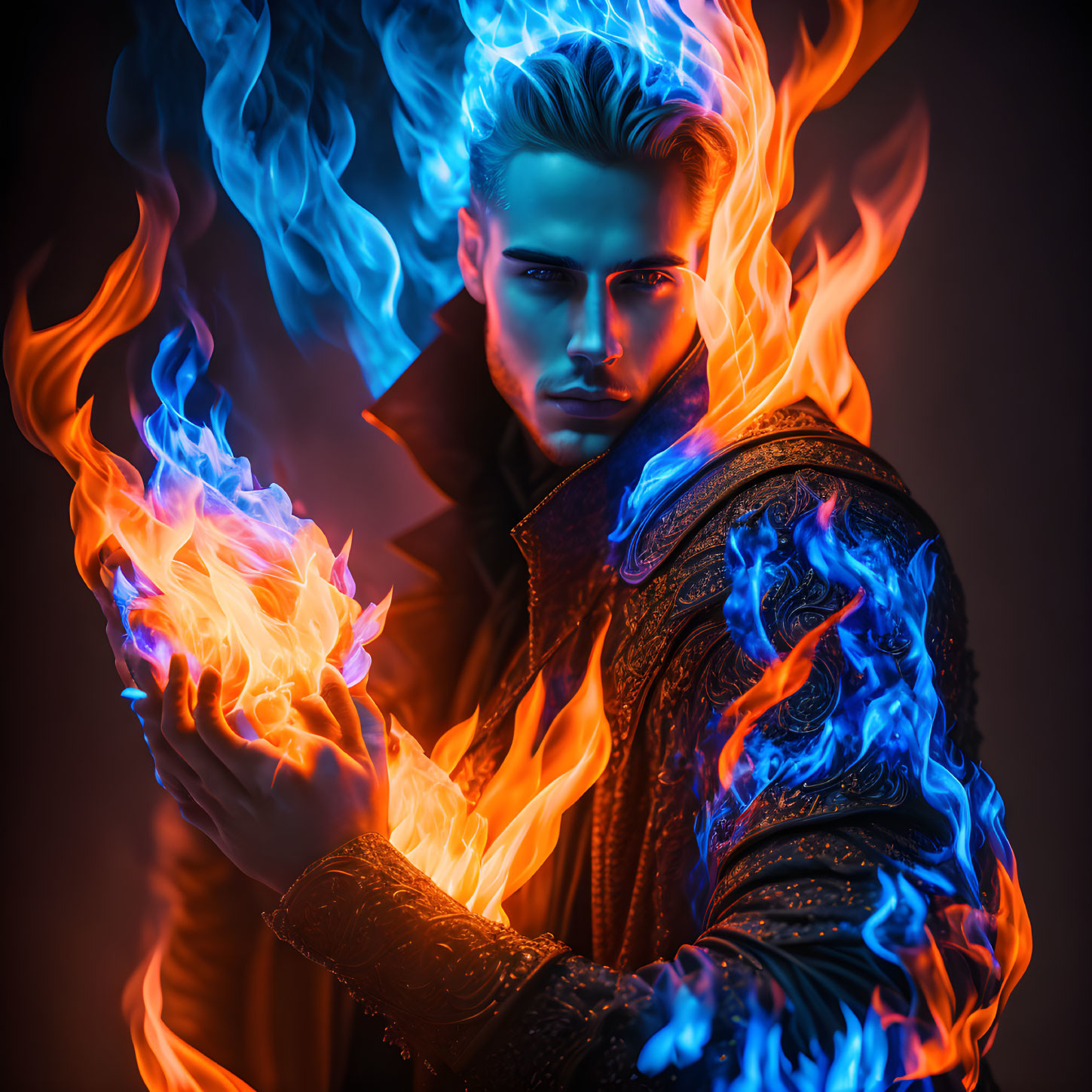 Man with Intense Gaze Amid Blue & Orange Flames