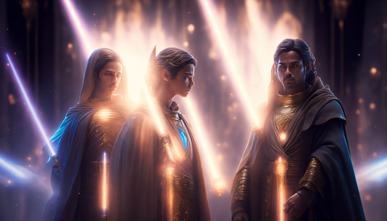 Three individuals in elaborate robes with mystical glow and beams of light.