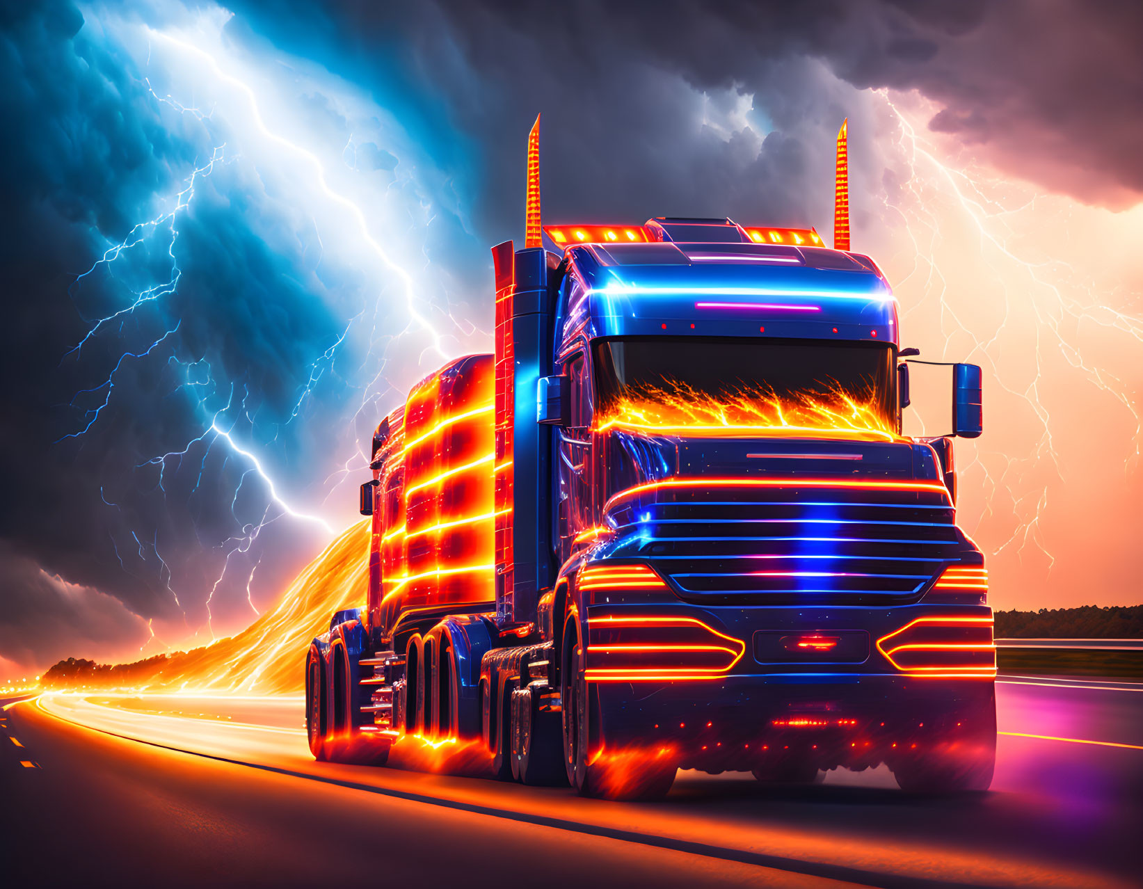 Futuristic semi-truck with blue and orange neon lights on highway under dramatic sky with lightning bolts