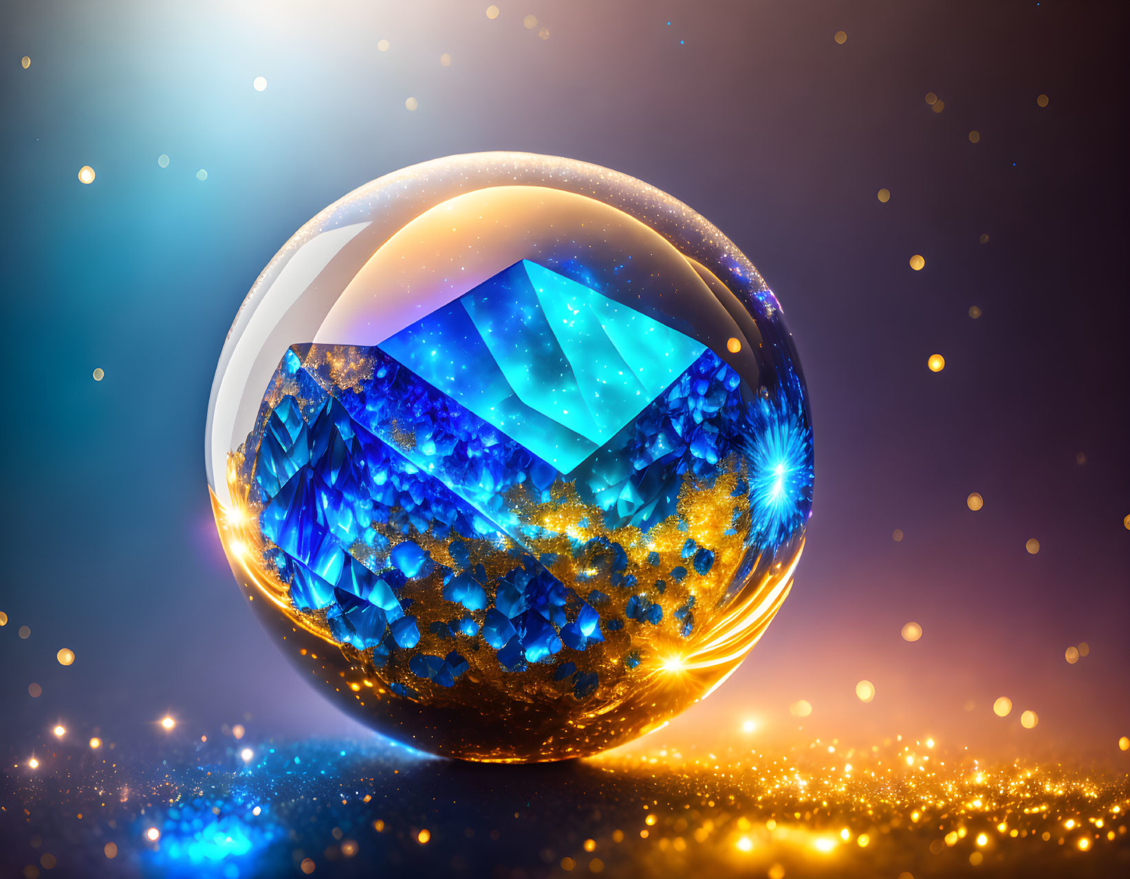 Glowing crystal orb with diamond-like core emitting blue and golden light