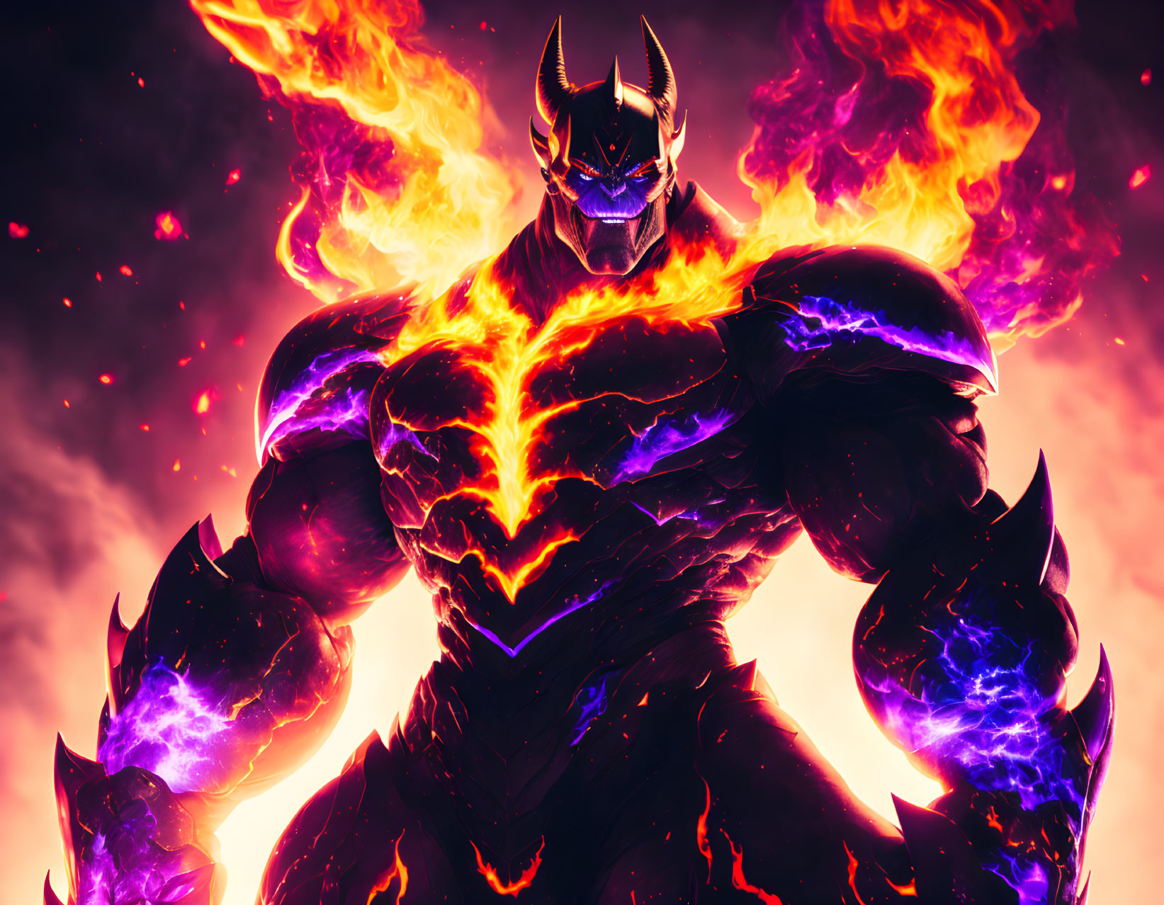 Muscular demon with glowing eyes and horns engulfed in flames