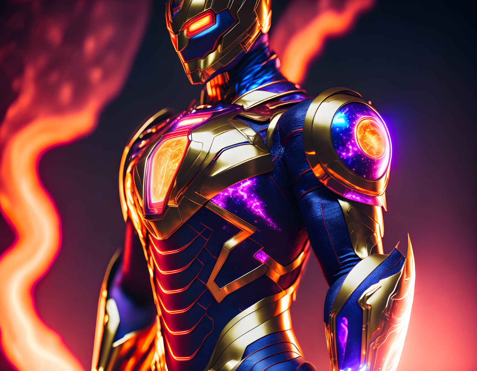 Armored superhero in blue and gold suit with glowing energy cores