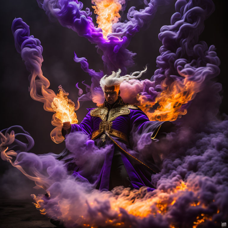 White-Haired Figure in Purple Outfit Surrounded by Swirling Flames