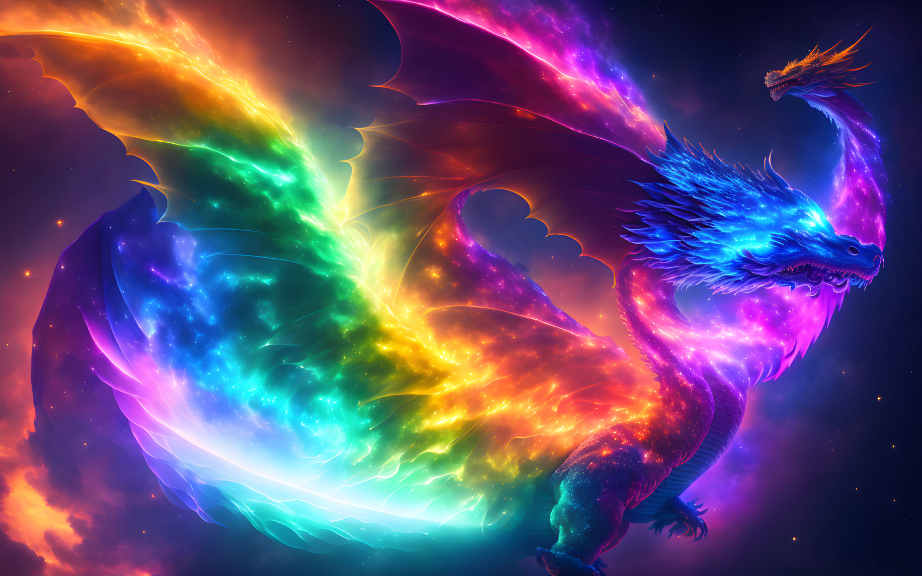 Colorful Dragon Flying Through Starry Sky with Glowing Wings