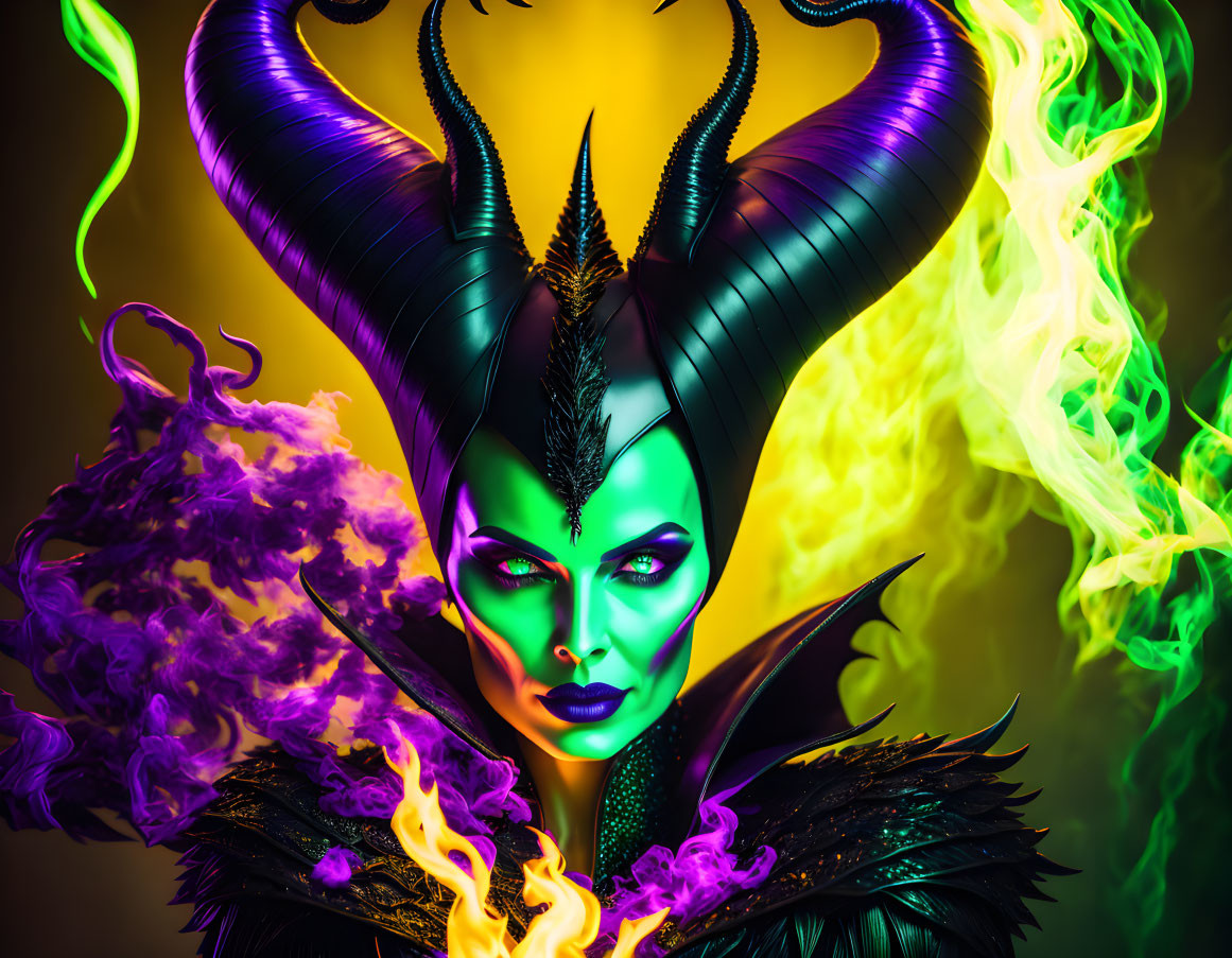 Fantasy character with green skin, horned headpiece, mesmerizing eyes, amidst purple and green