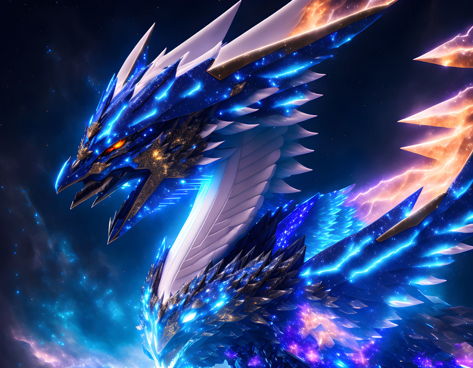 Blue dragon with glowing accents in cosmic backdrop