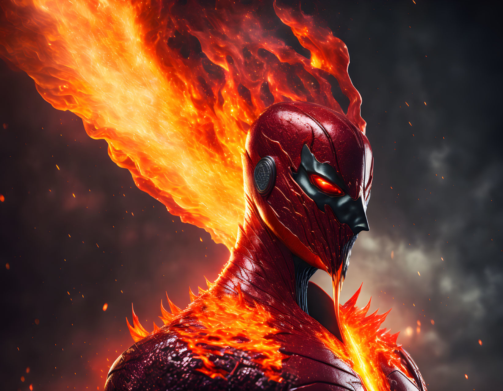 Phoenix-themed superhero with glowing red eyes and flame-like crest