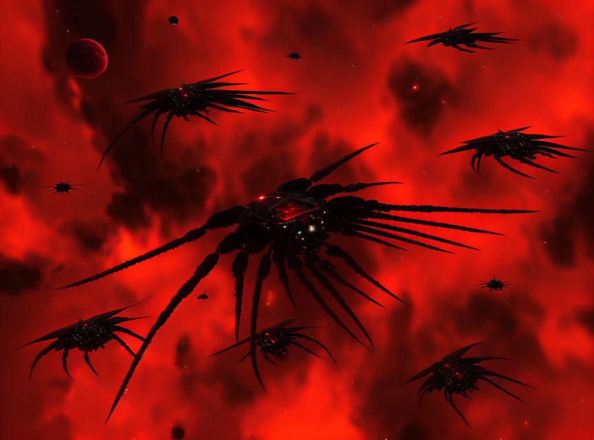 Large Spidery Spaceship Surrounded by Smaller Ships in Fiery Red Nebula