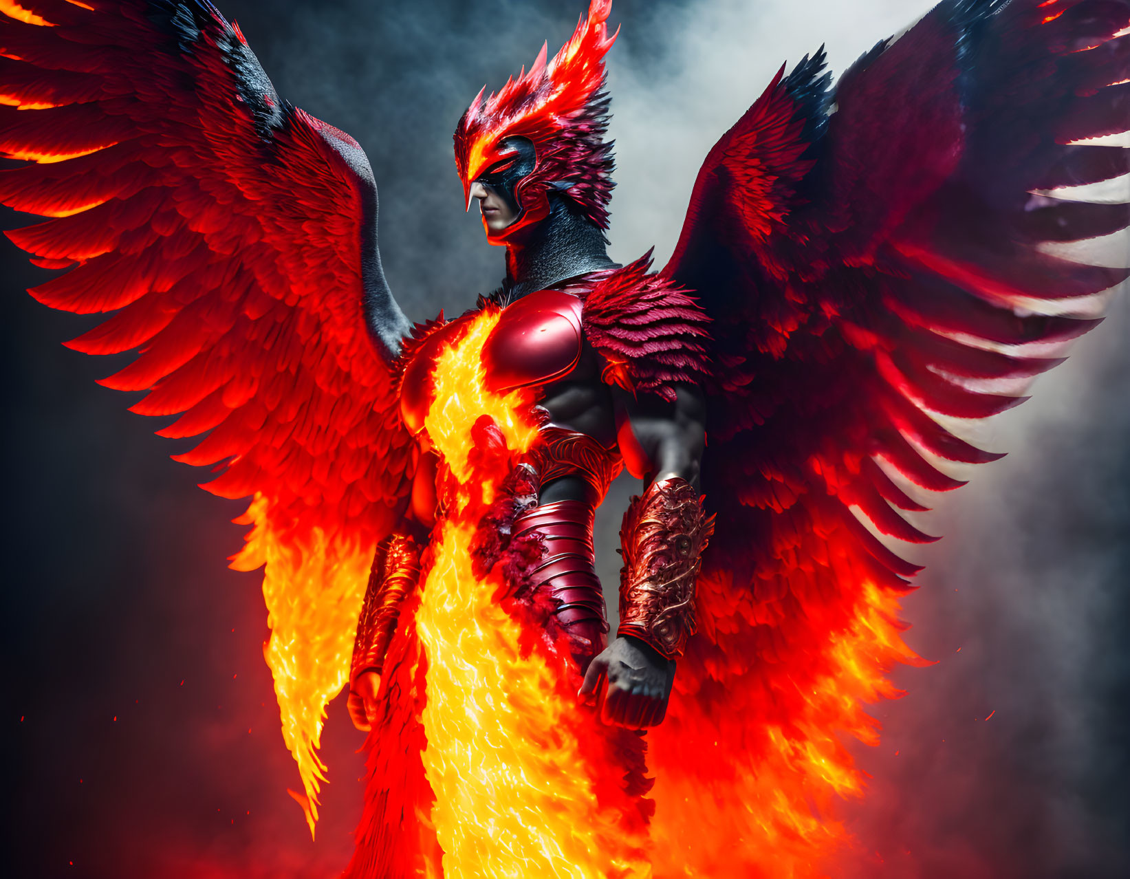 Fiery phoenix character with red and orange feathers and intense glare