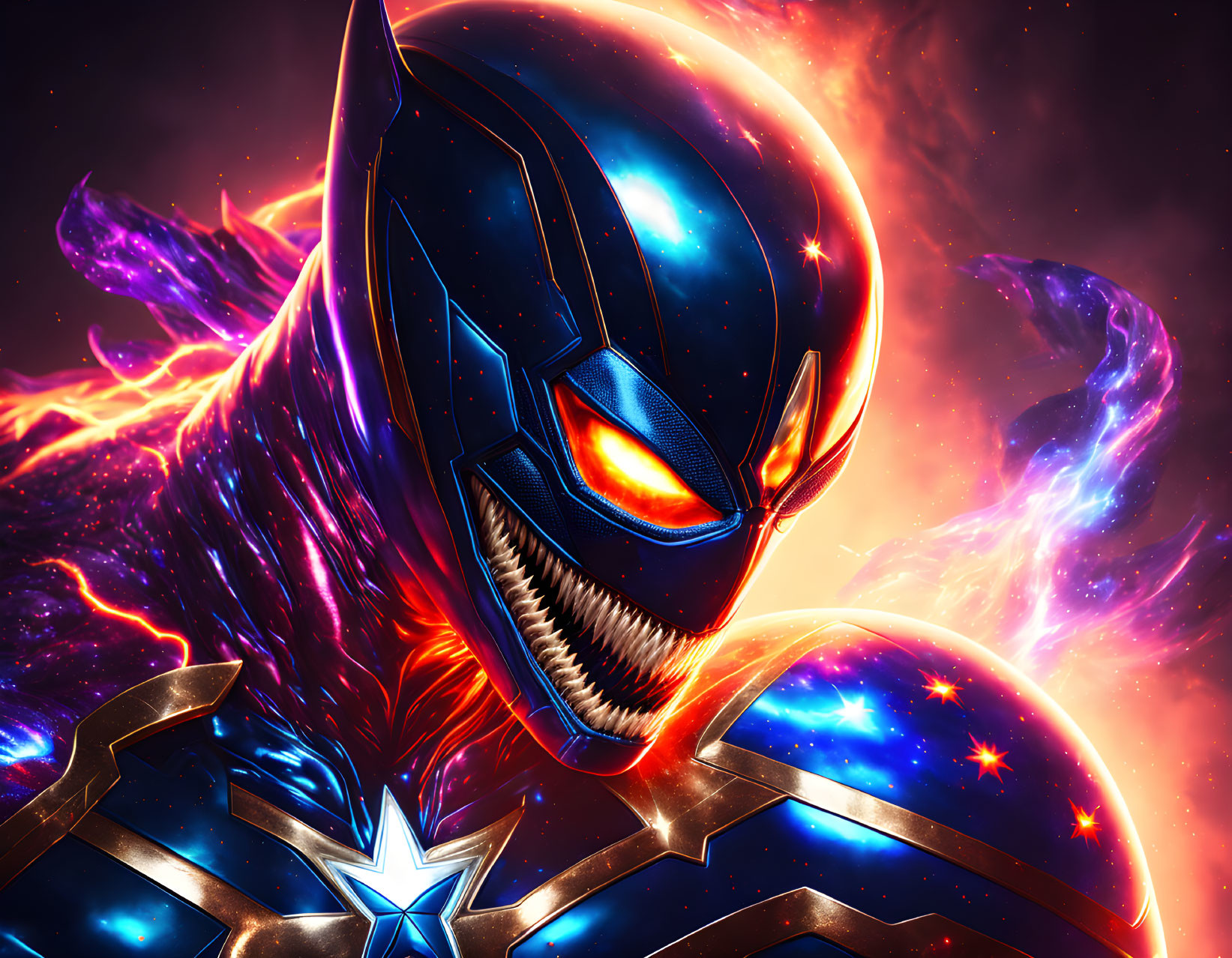 Stylized character in blue and black armor with glowing orange eyes