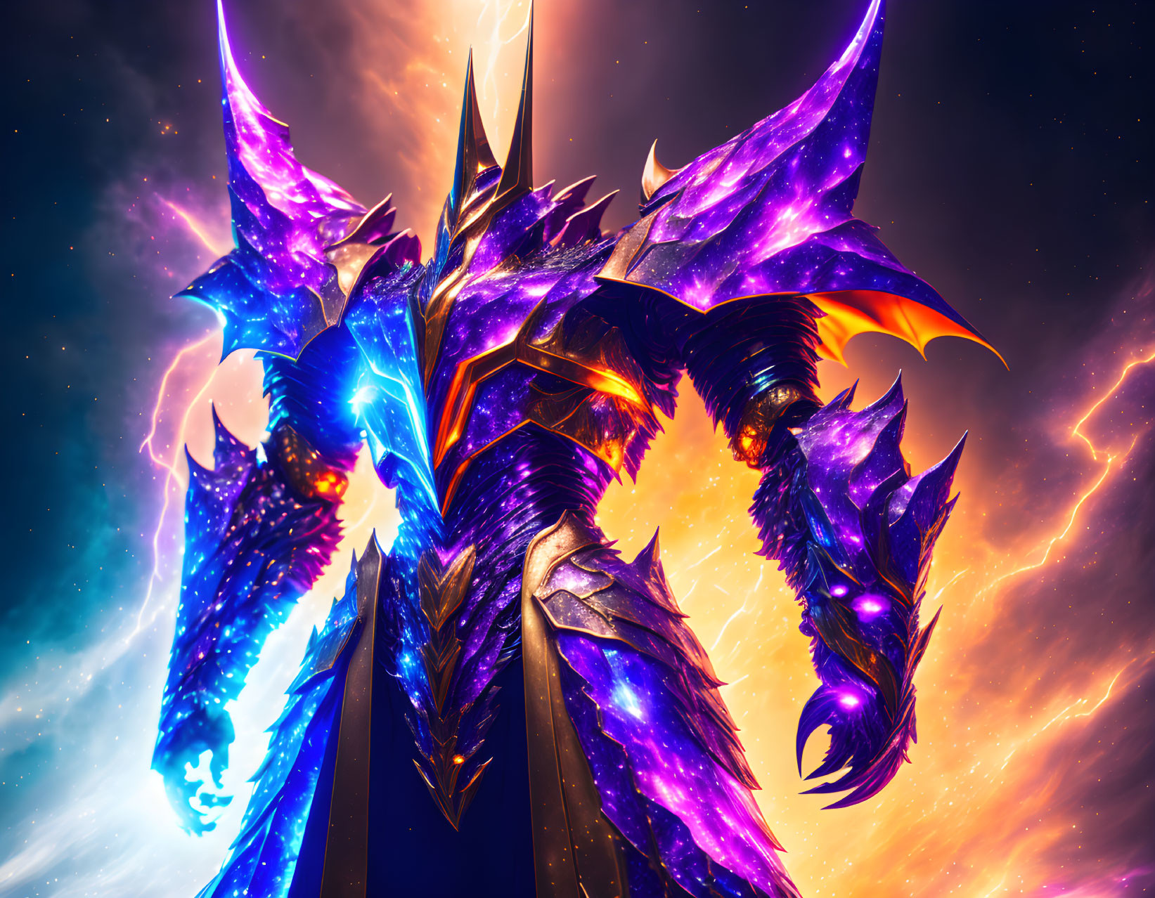 Armored figure with glowing crystals in cosmic setting