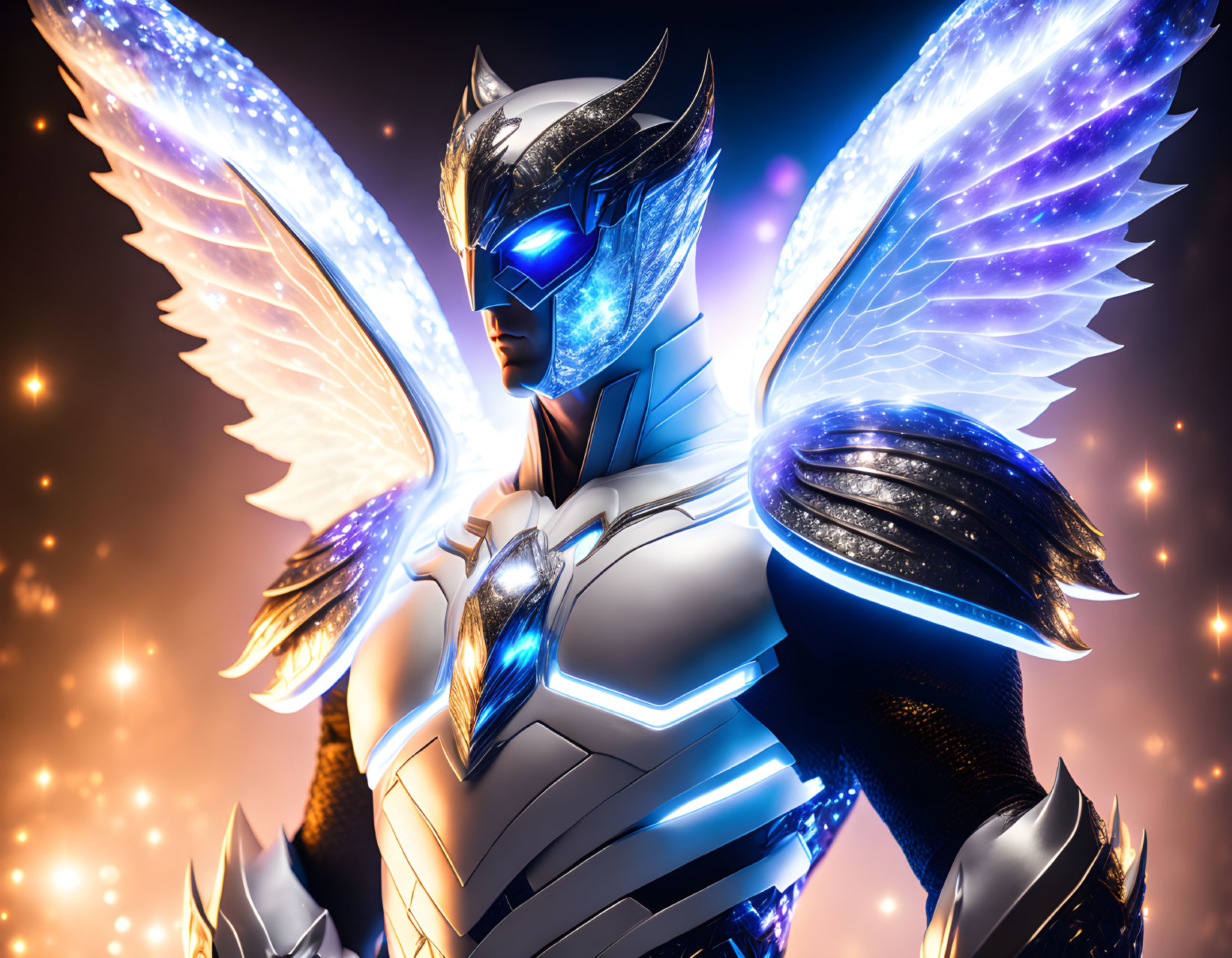 Futuristic warrior in silver armor with glowing blue eyes and mechanical wings