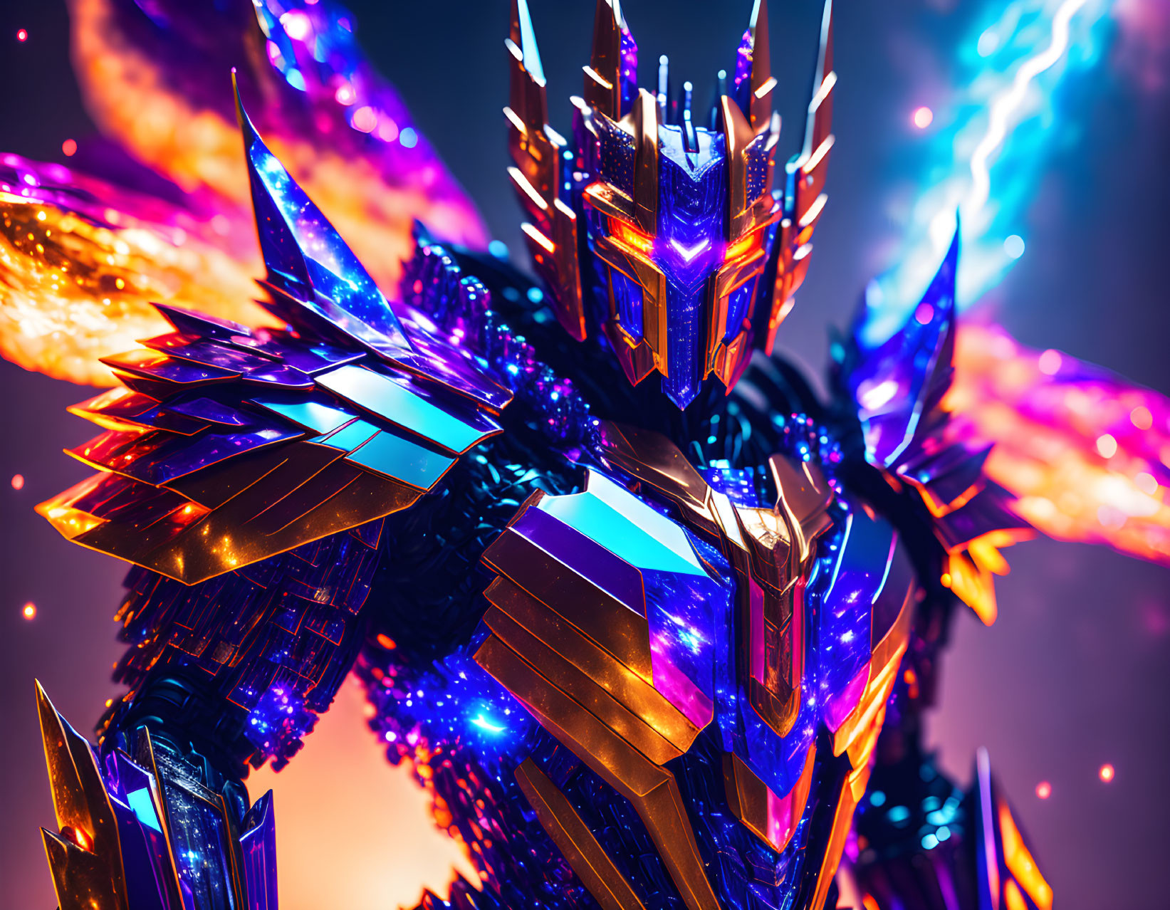 Futuristic knight in glowing blue and purple armor with energy wings on colorful background