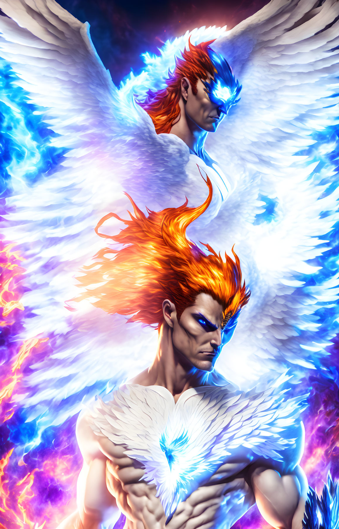 Stylized angelic figures with fiery hair and white wings in cosmic setting