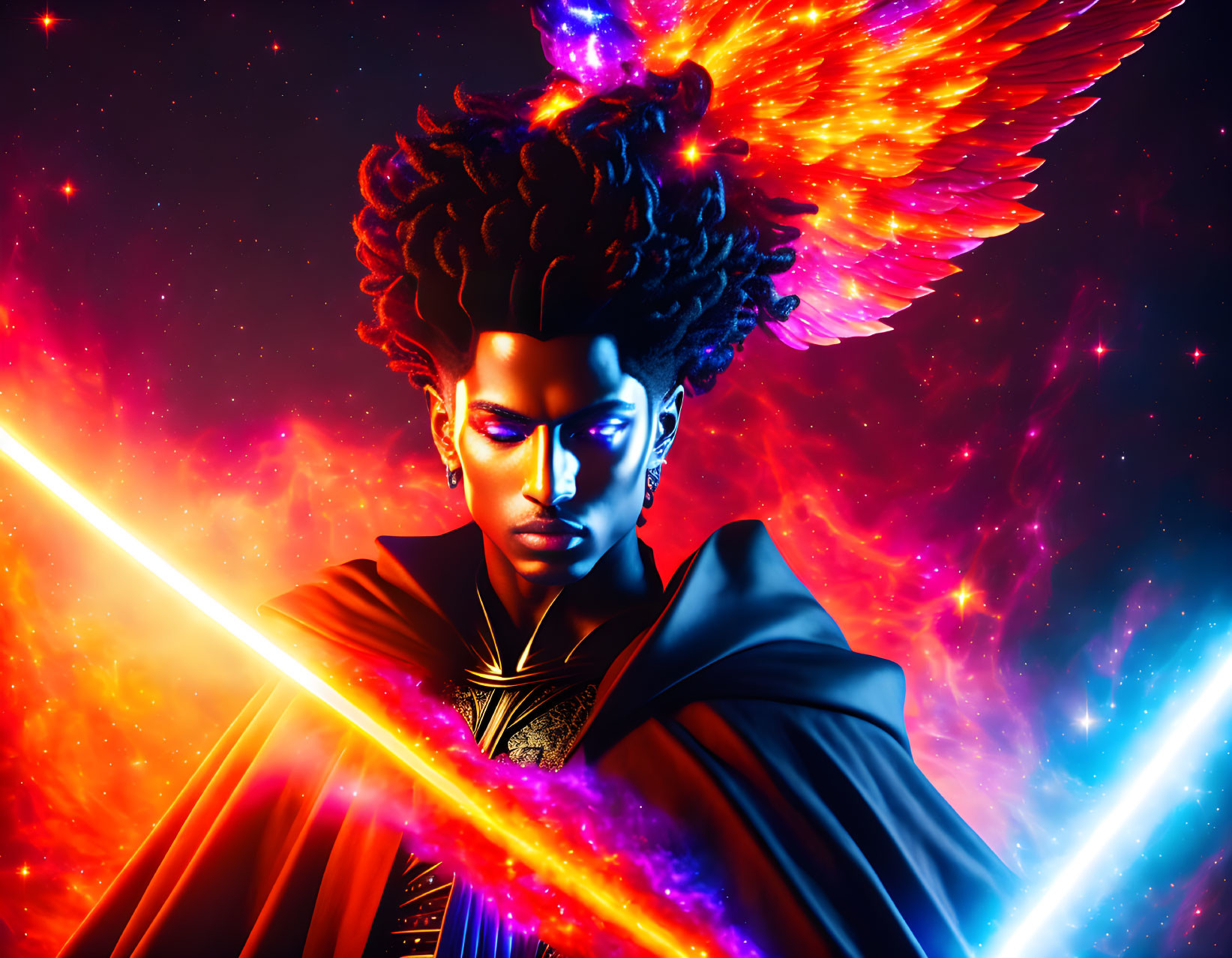 Colorful artwork of a male figure with afro, cape, phoenix wing, and laser sword in