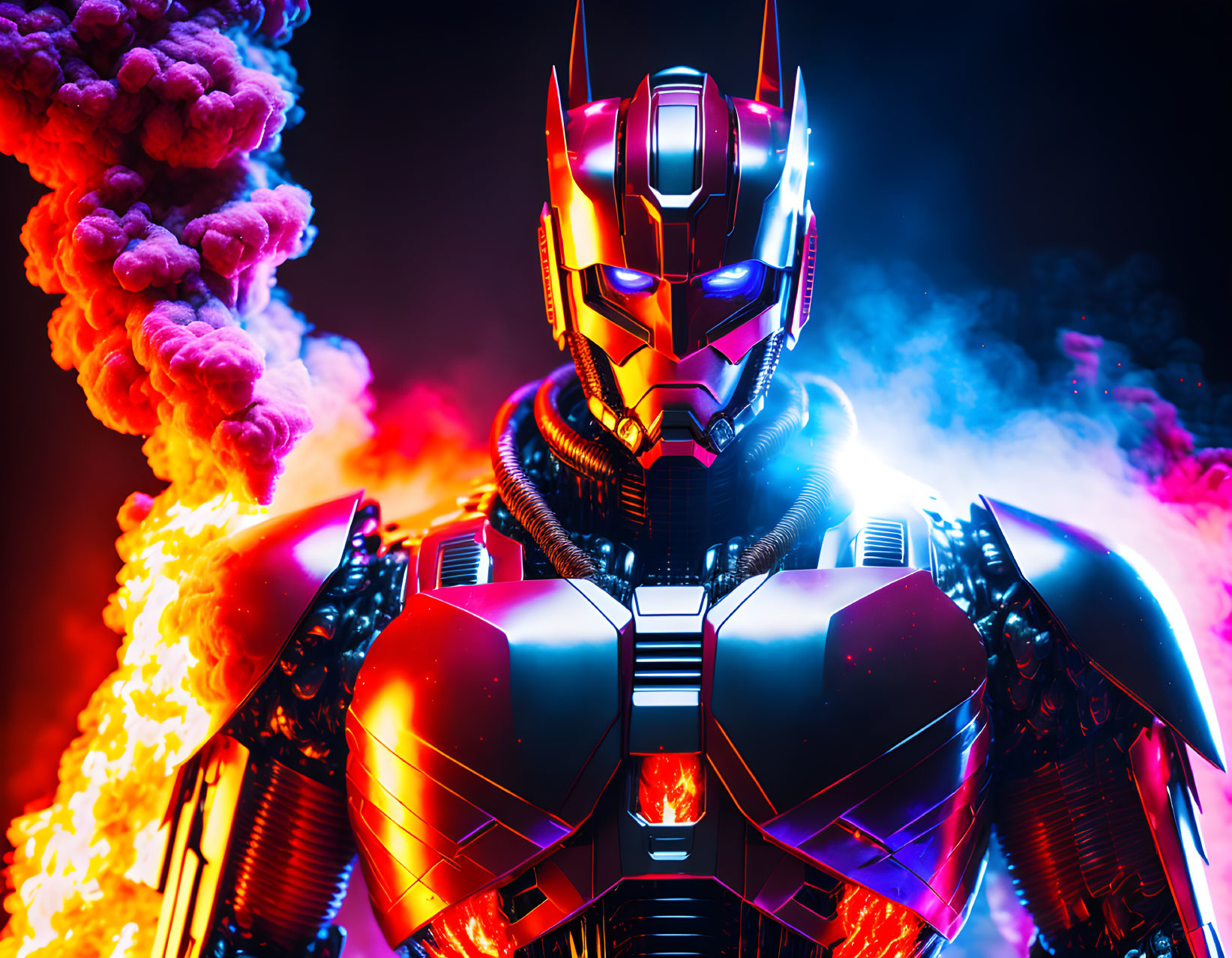 Armored robot with red visor in fiery scene