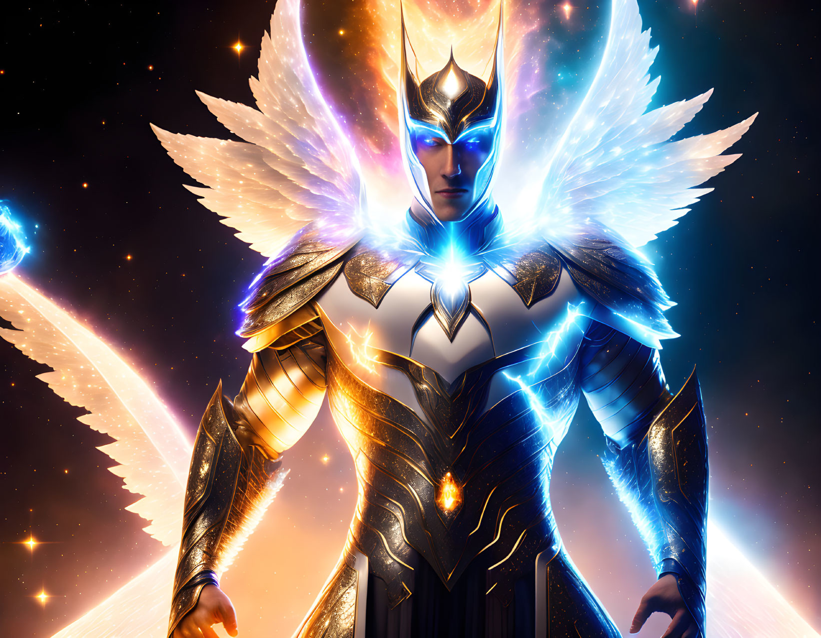 Glowing cosmic superhero with wings and armor in starry backdrop