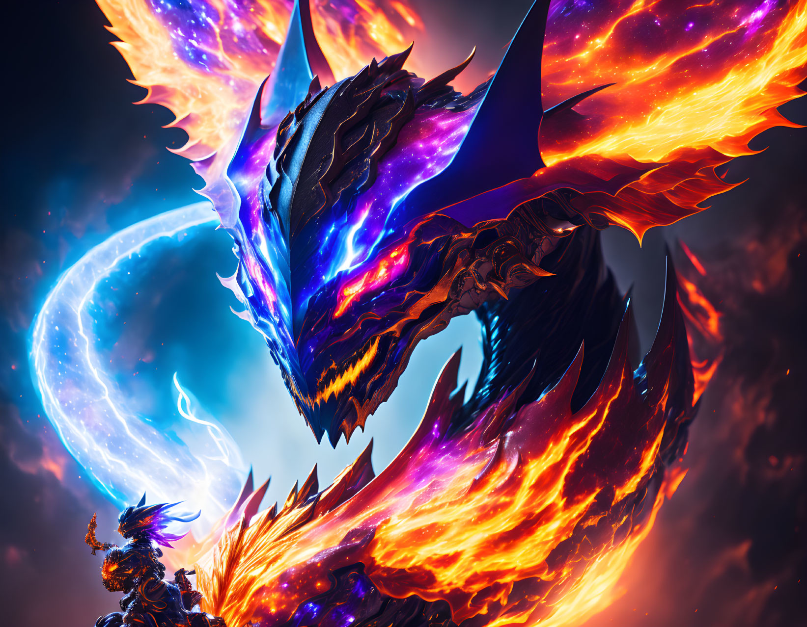 Fiery armored dragon flying with lava textures against cosmic backdrop