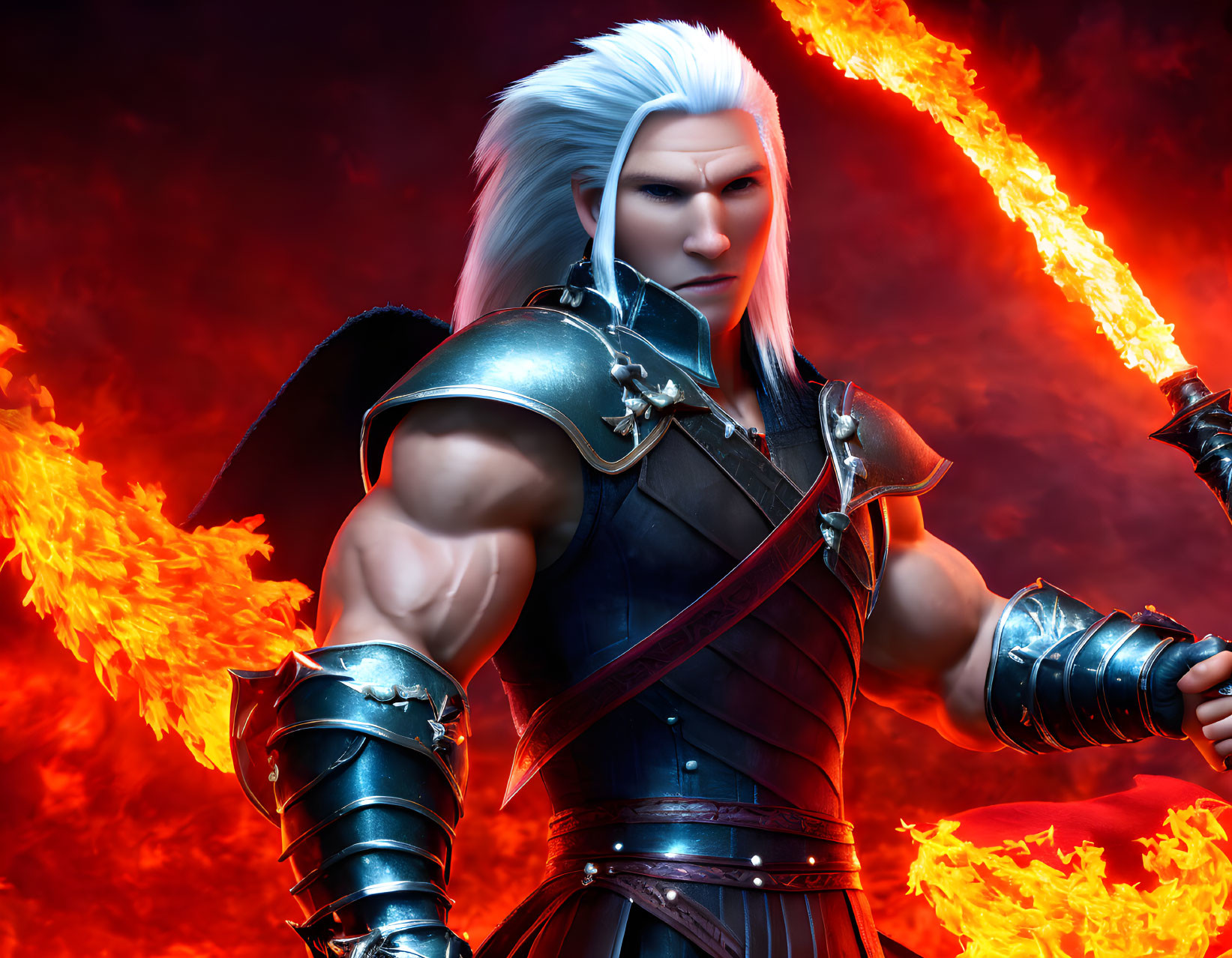 Silver-haired warrior in dark armor wields fiery sword against flames