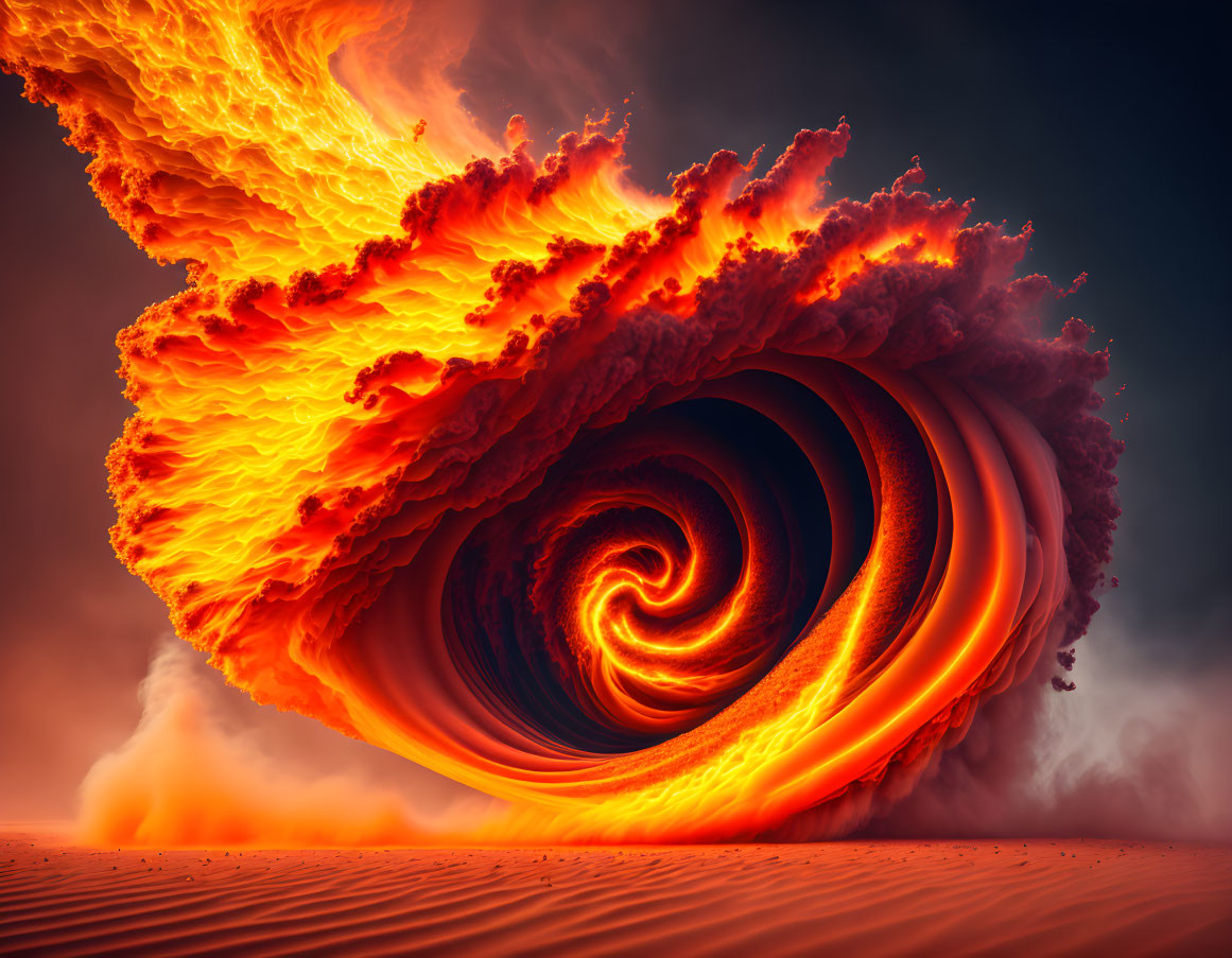 Intense fiery vortex swirling against moody sky