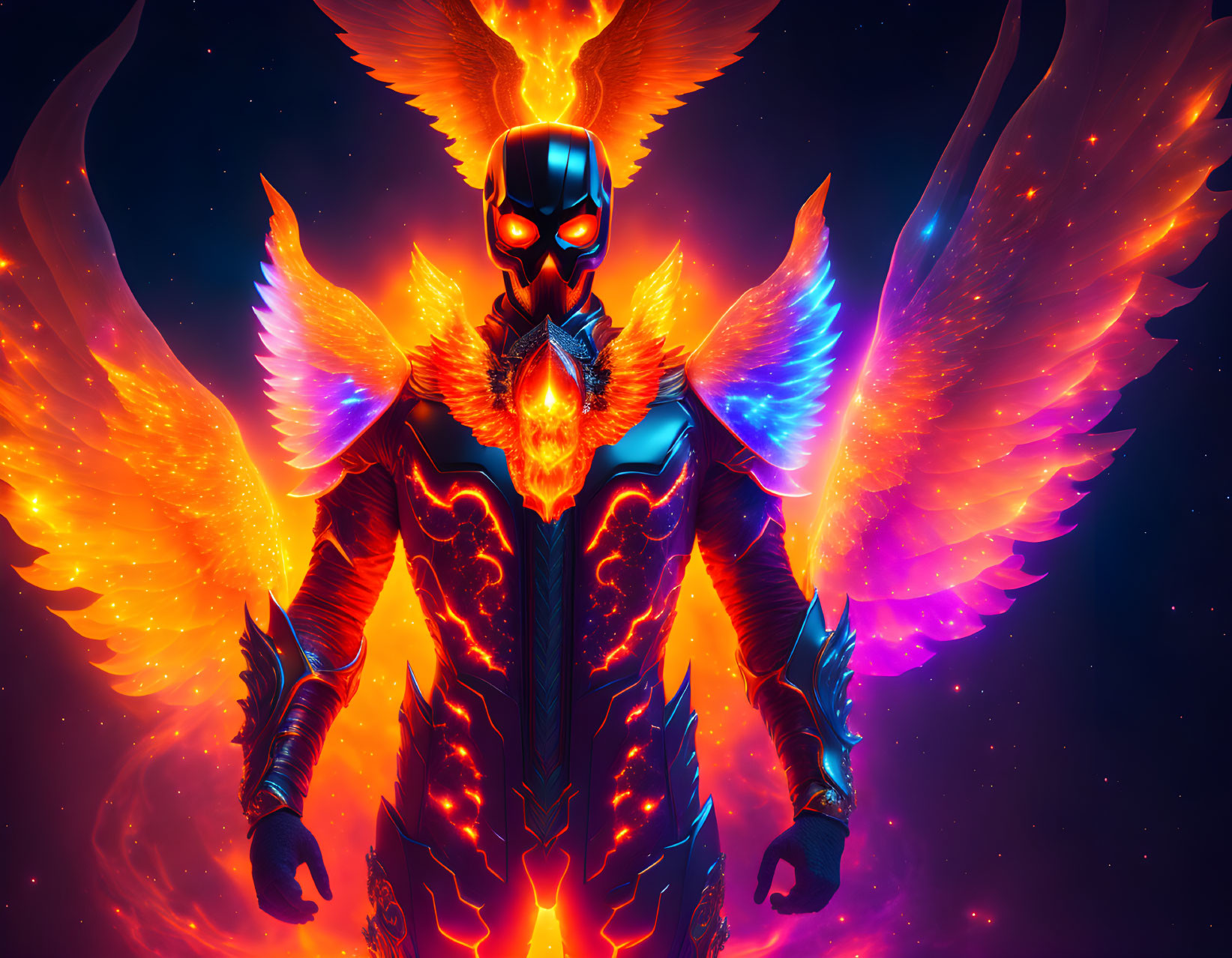 Fiery Wings and Armor in Vibrant Digital Art