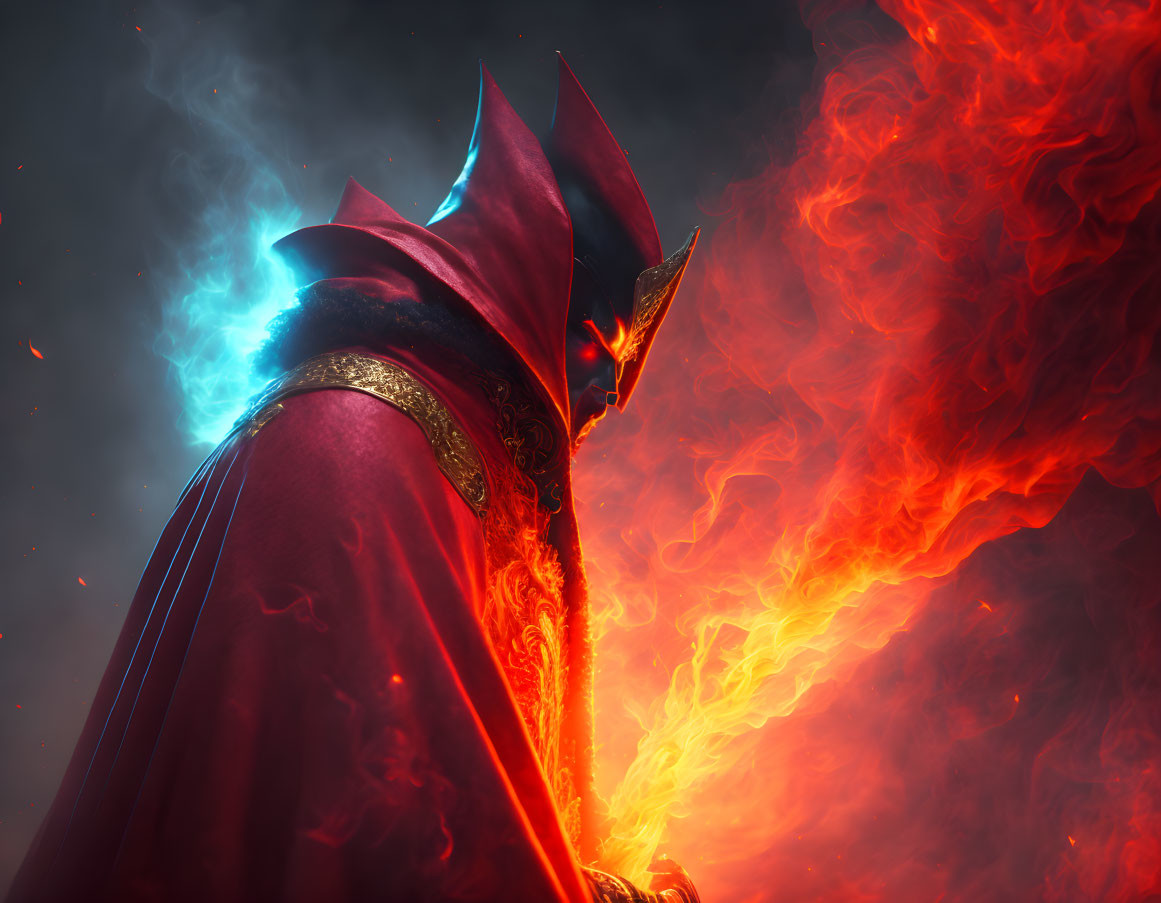 Sinister figure in red cloak with golden trim exudes dark magic energy.