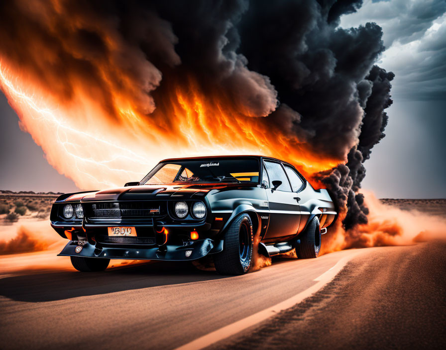 Vintage muscle car racing through smoke under orange sky