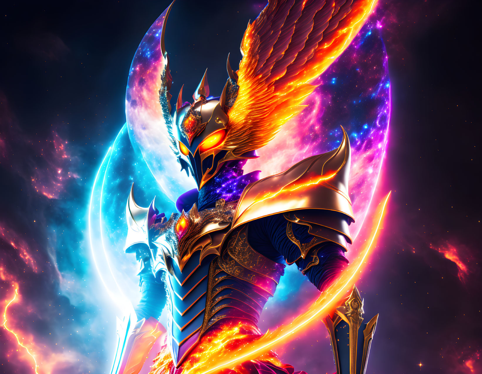 Armored knight with wings in fantasy artwork with crescent moon and fiery elements