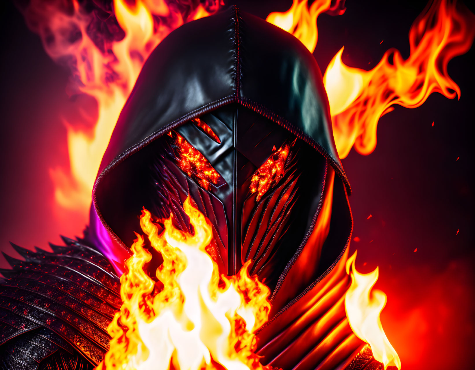 Hooded Figure with Glowing Red Eyes in Fiery Flames