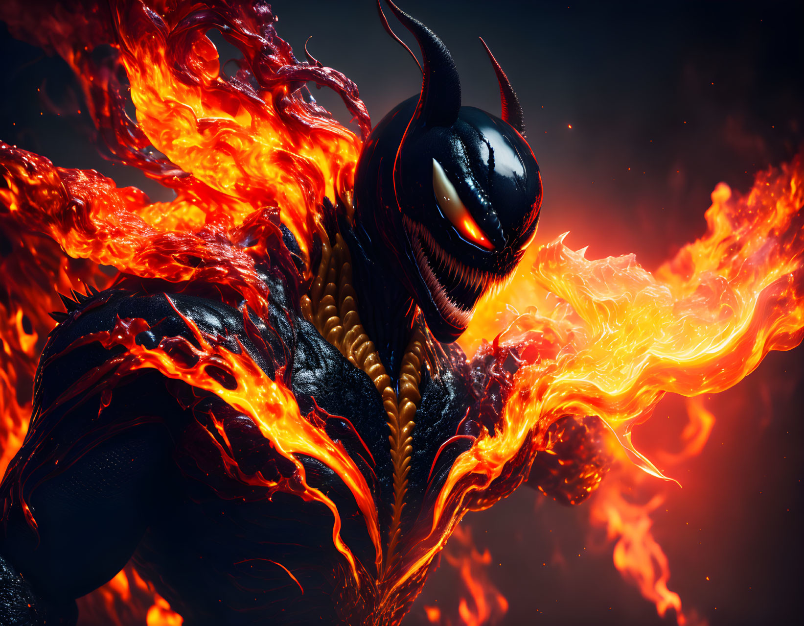 Fiery creature with black helmet and flaming wings on embers-filled background